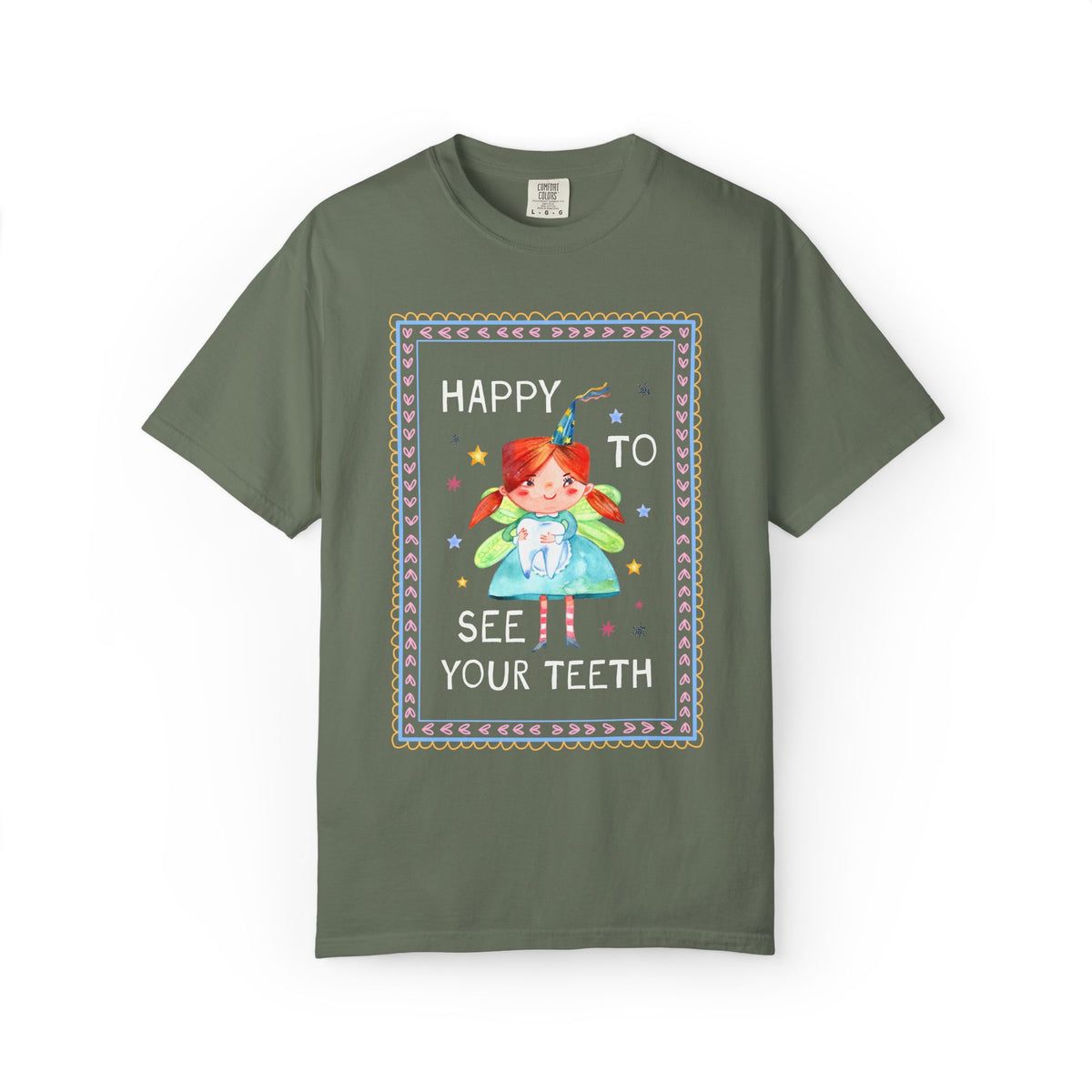 Happy to See Your Teeth: Funny Dentist or Dental Assistant T-Shirt with Tooth Fairy Holding a Tooth, Silly New Dentist Tee with Stars