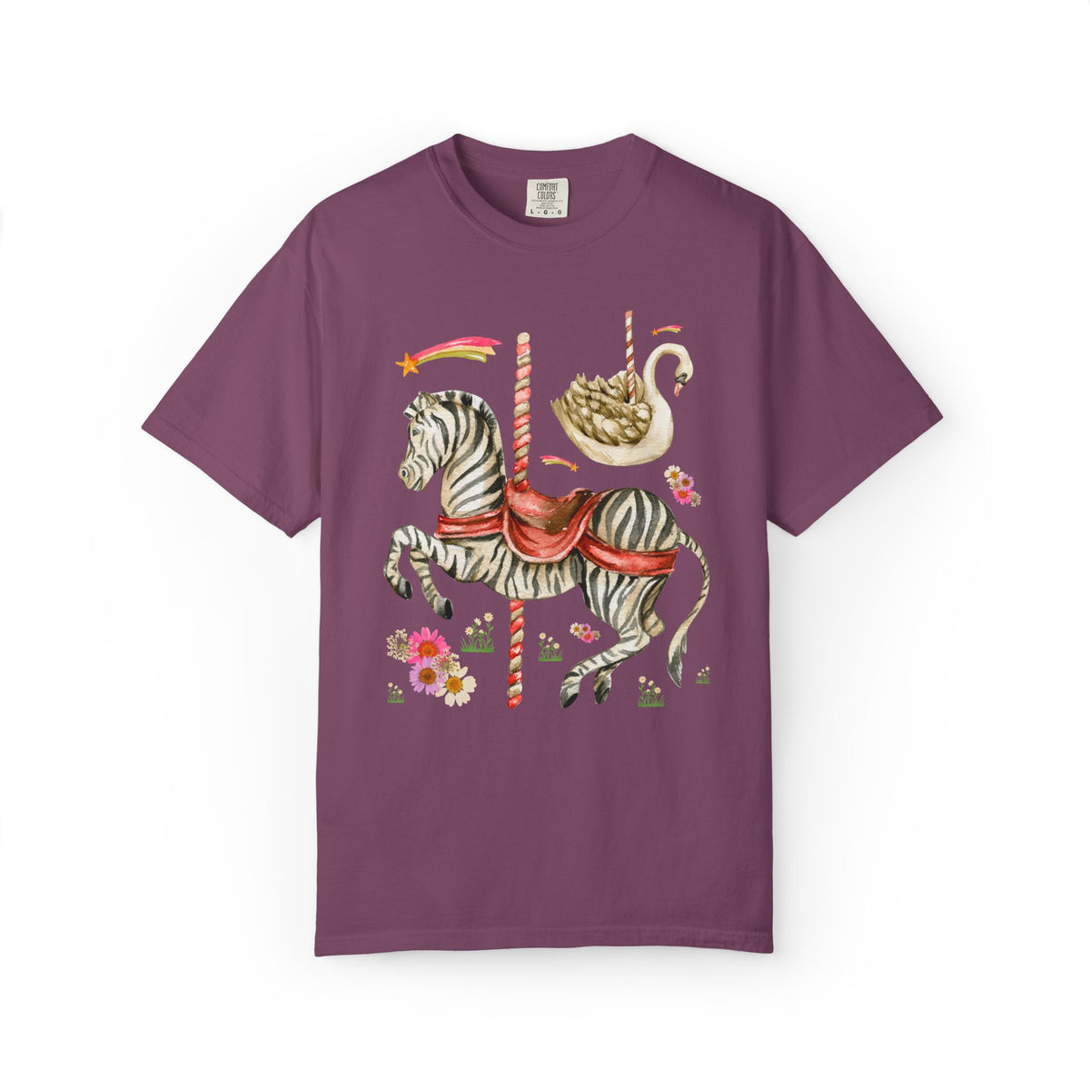 Zebra and Swan Nostalgic Carousal T-Shirt for Animal Lover with Shooting Stars and Flowers