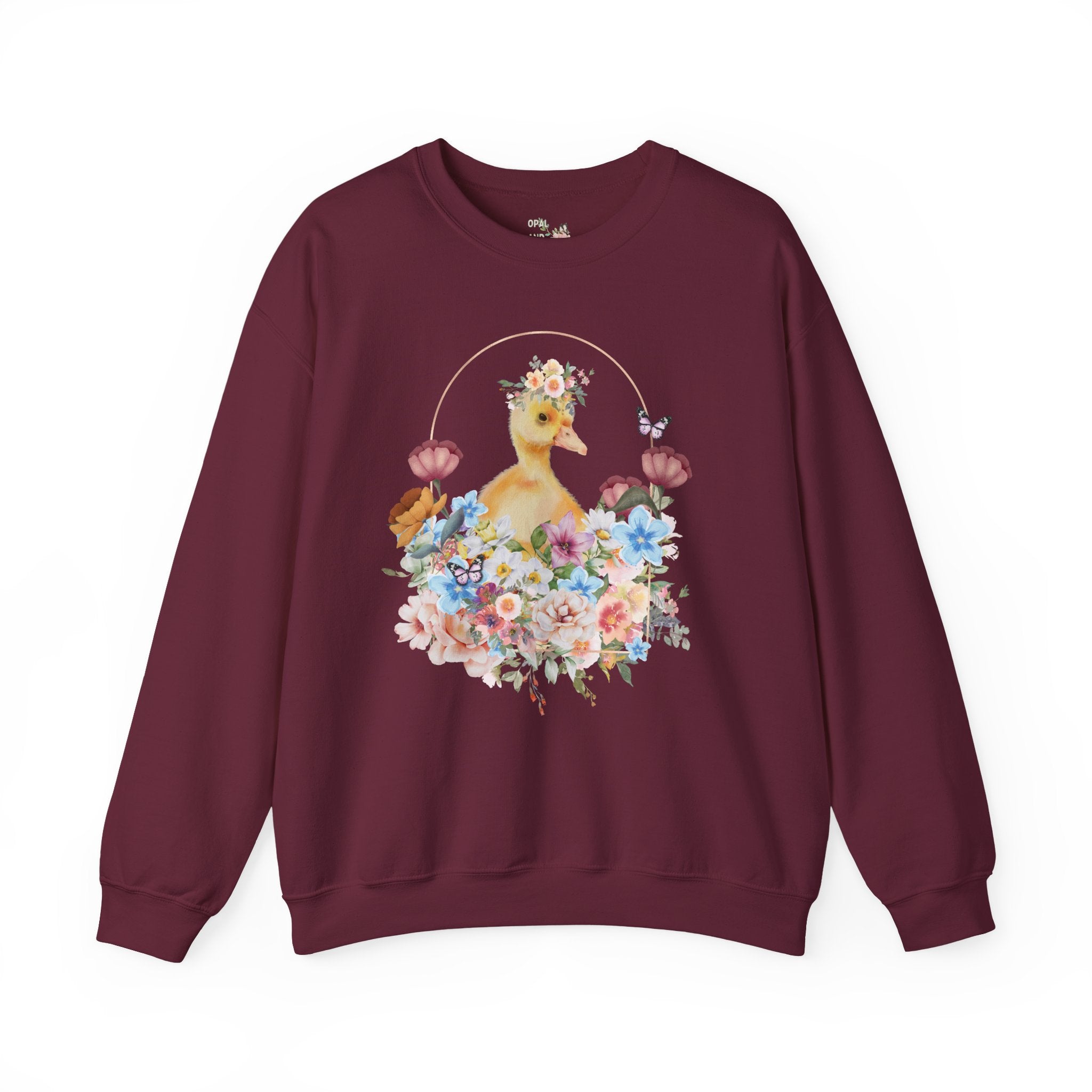 Floral Duck Sweatshirt with Butterfly | Cute Duck Sweatshirt, Floral Collage Sweatshirt, Duck with Flower Crown, Duckling Sitting in Flowers