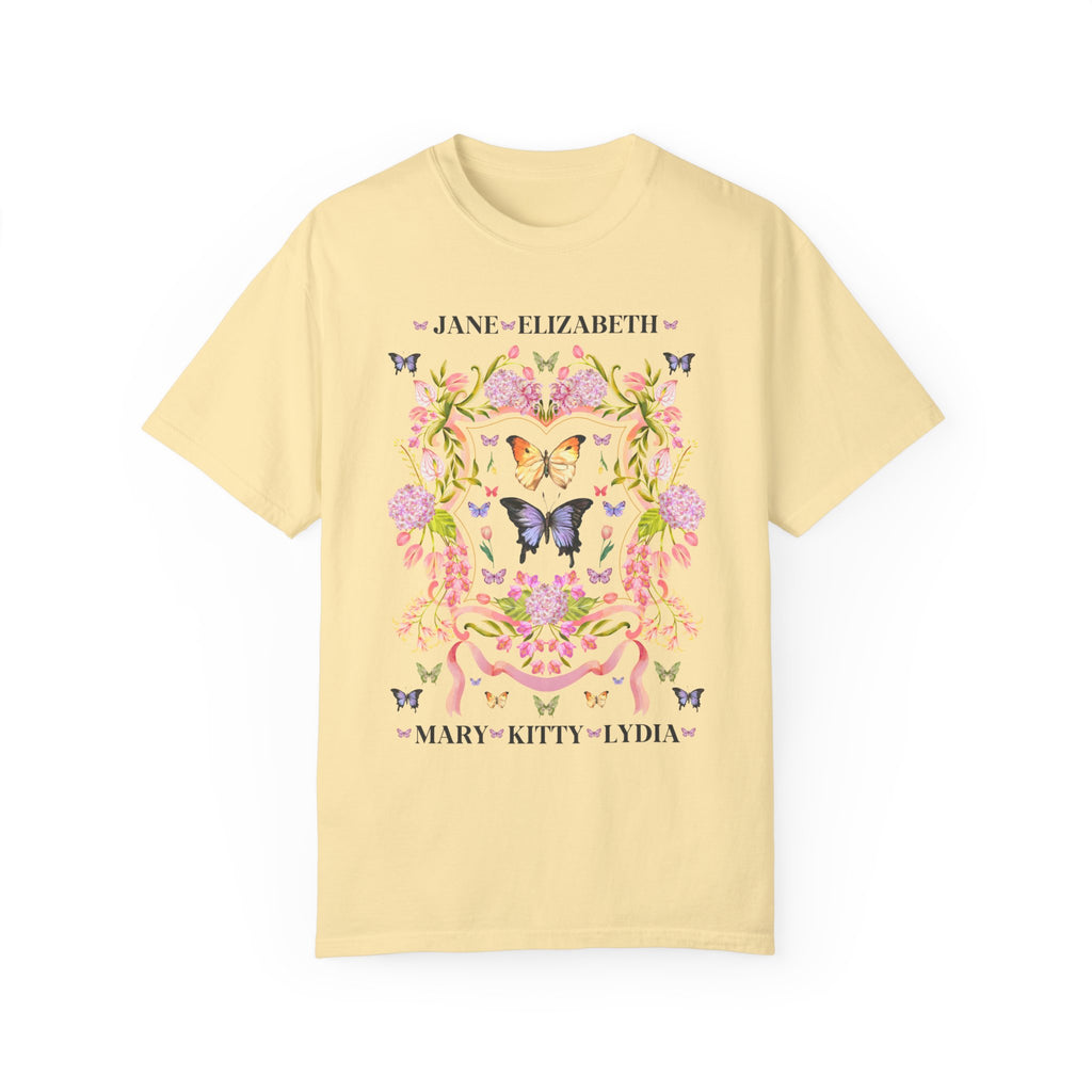 Coquette Jane Austen Tee for Pride and Prejudice Lover in Light Yellow, Boho Bennet Sisters Shirt, Book Merch, Gift for English Literature Lovers