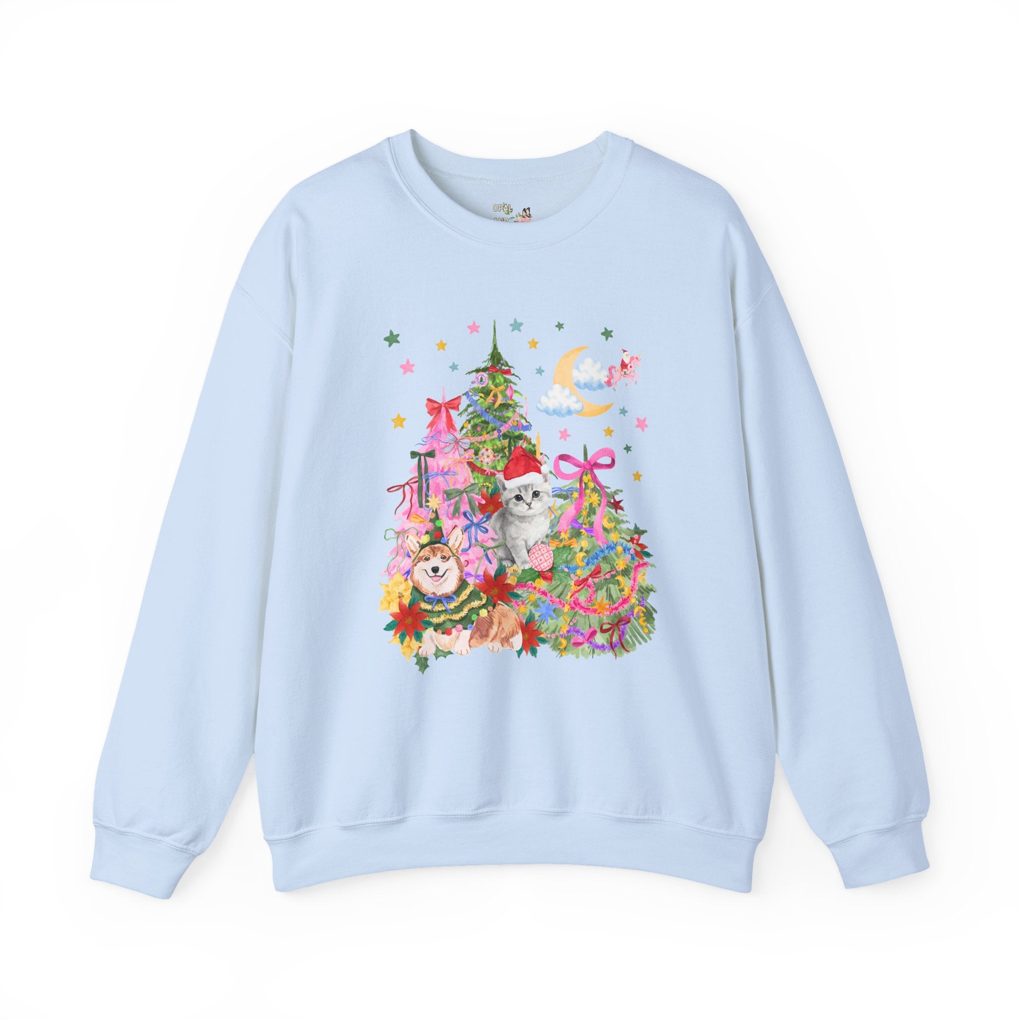 Kitschy Christmas Sweatshirt with with Corgi and Kitten: Funny Nostalgic 90s Aesthetic Xmas Crewneck for Animal Lover, Eclectic Holiday Shirt with Stars