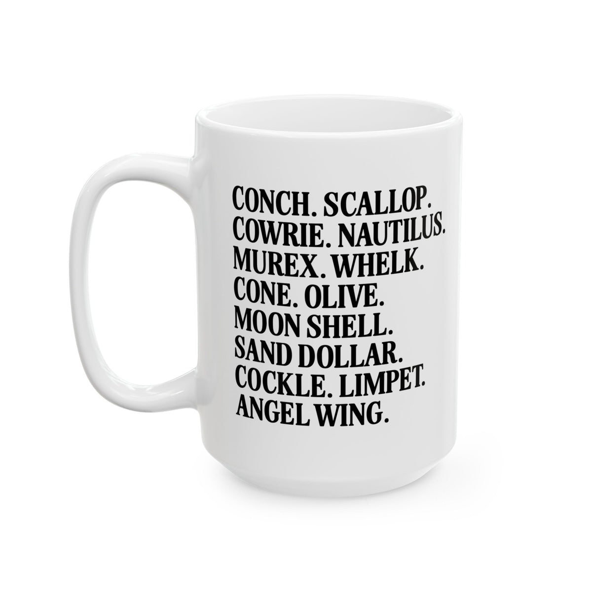 Seashell Name List for Friend Who Studies Conchology, Cute Malacologist Gift, Silly Matching Seashell Hunting Coffee Mug for Mom or Sister