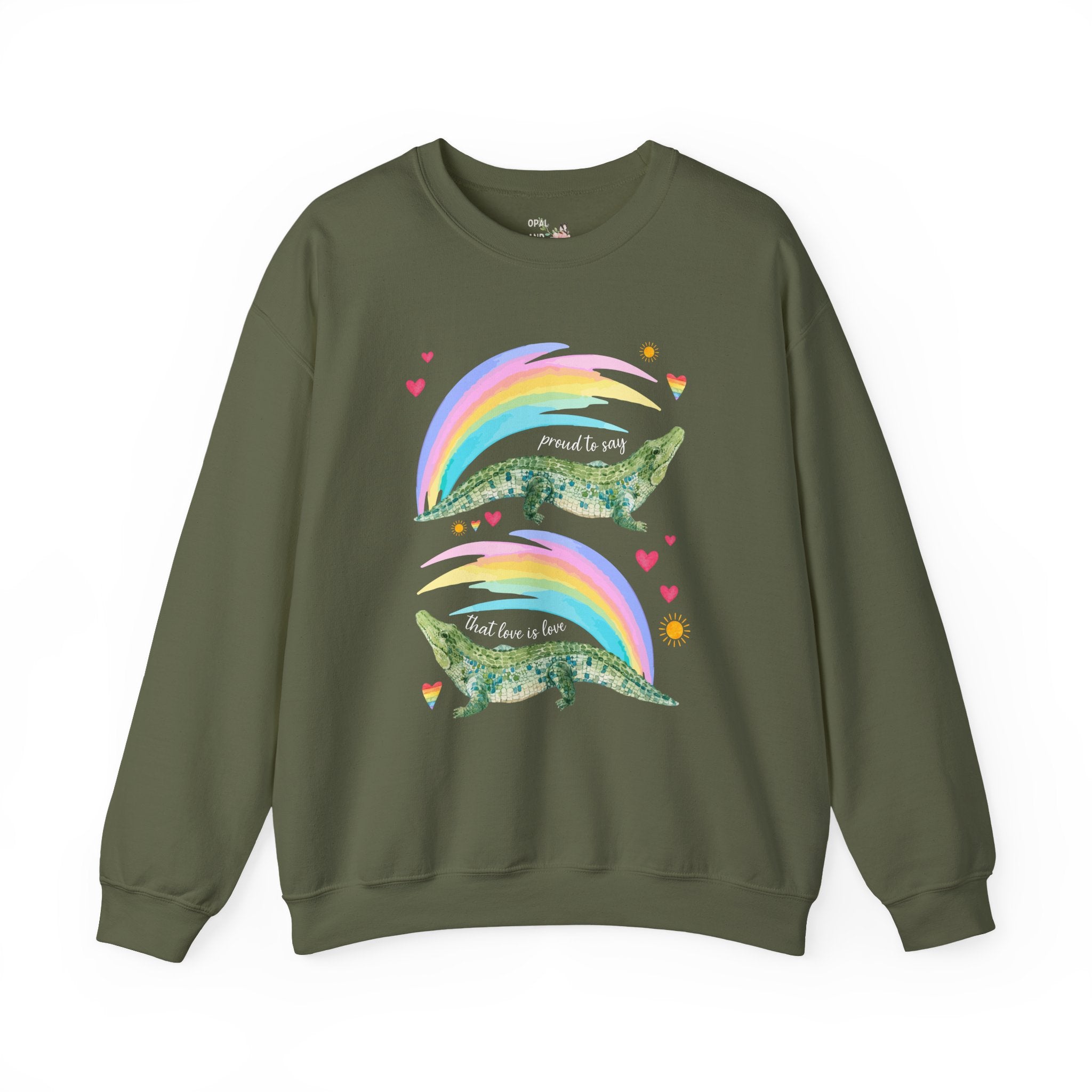 Proud to Say that Love is Love: Colorful Alligator Sweatshirt with Rainbow and Hearts, Gay Rights Nostalgic Animal Lover Crewneck for Pride Month