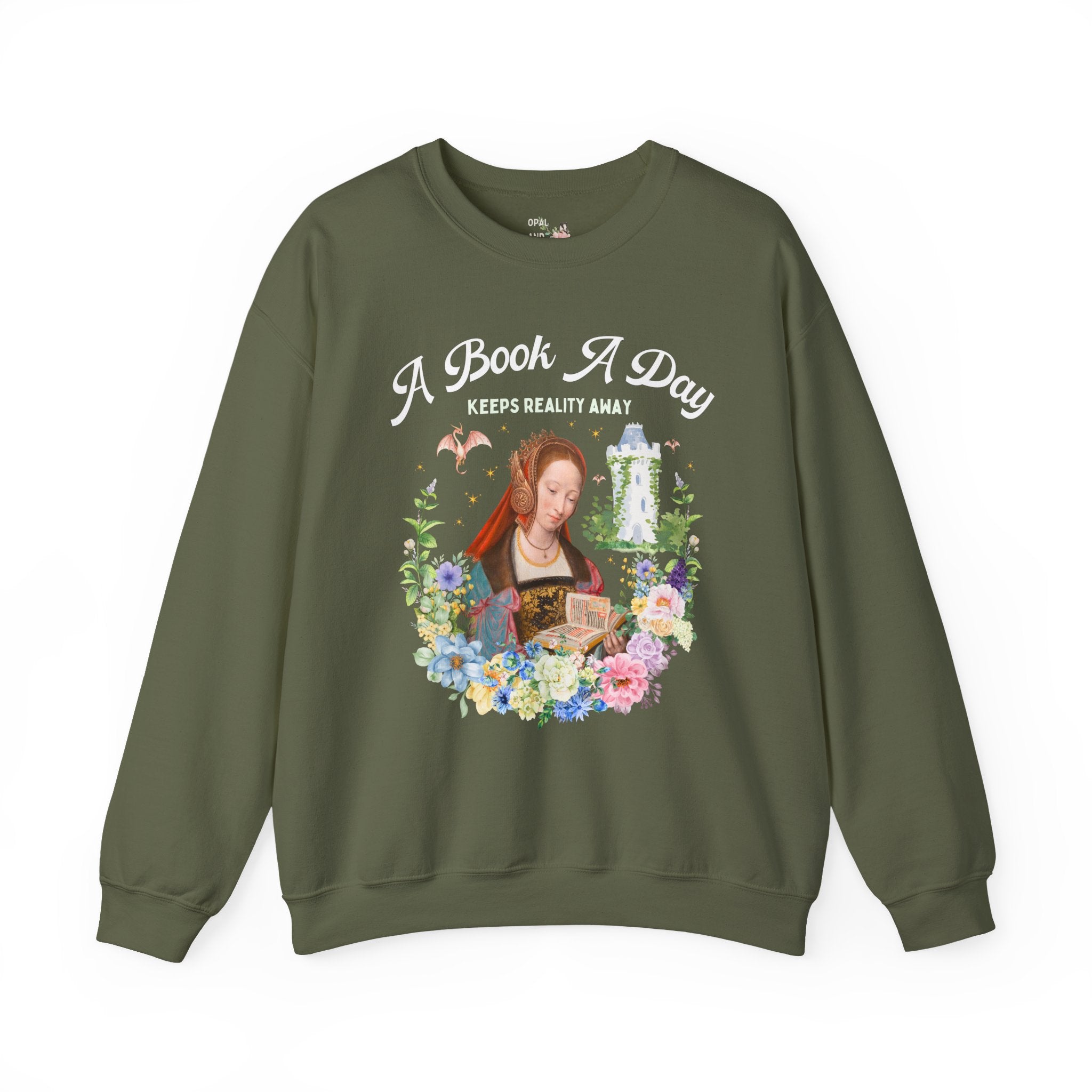 A Book A Day Keeps Reality Away: Bookish Art History Sweatshirt, The Master of Frankfurt Dragon Lover Fantasy Romance Reader Crewneck with Flowers