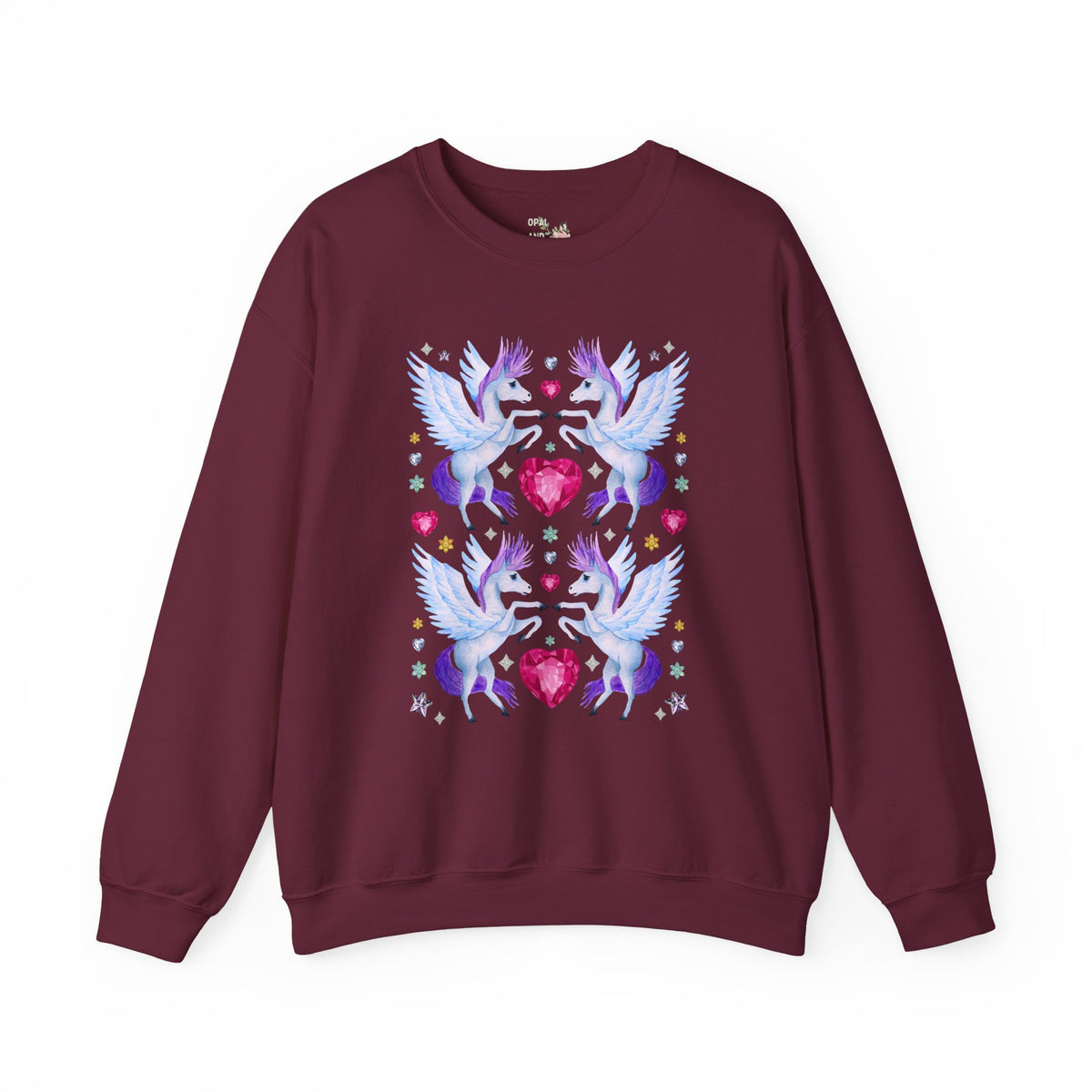 Horse Lover Nostalgic Blue and Purple Pegasus Sweatshirt with Hearts: Cute and Silly Y2K Aesthetic Animal Lover Crewneck for Fantasy Reader Bookworm