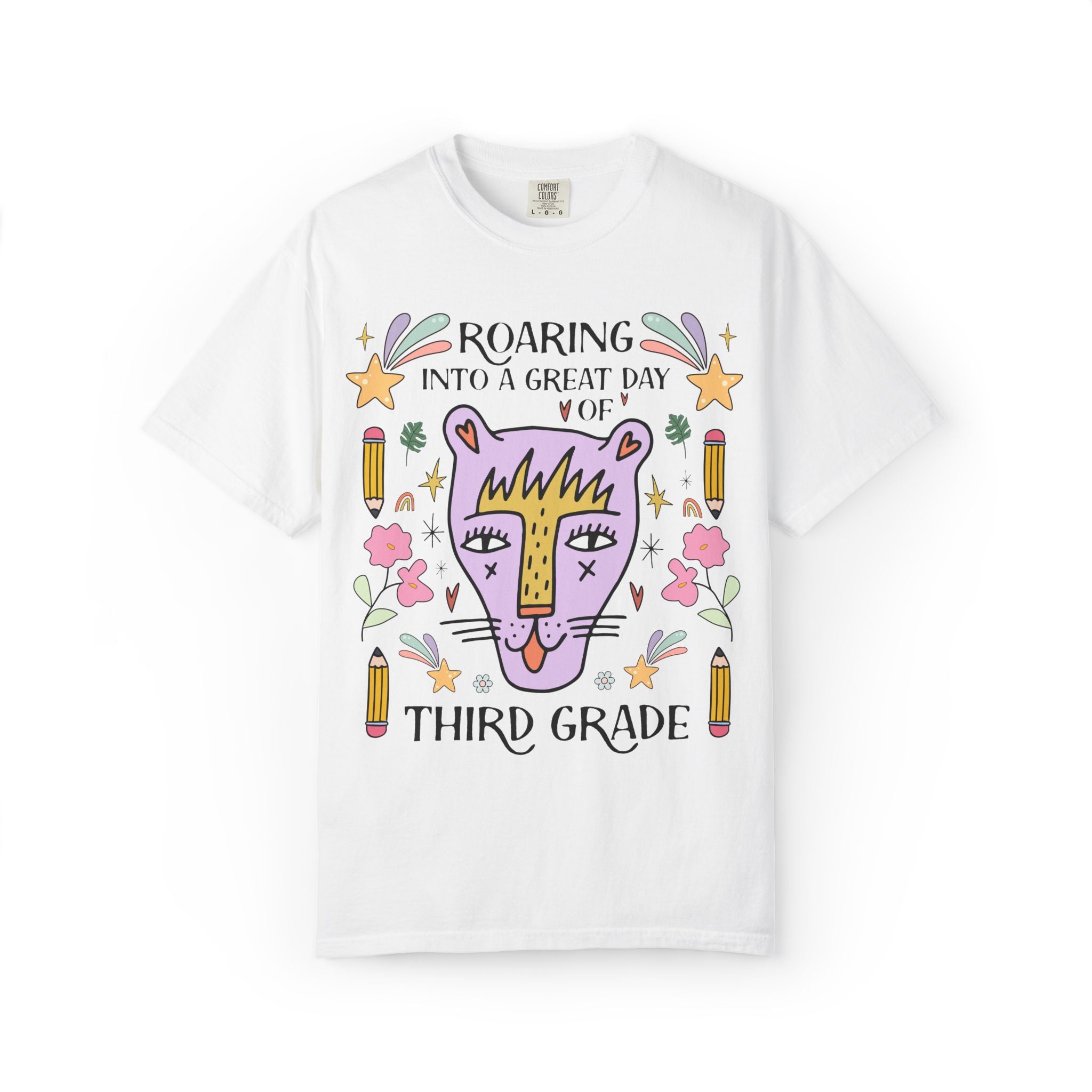 Third Grade Teacher Tee Shirt: Roaring Into a Great Day of 3rd Grade | Cute Eclectic Matching Teacher or Paraprofessional Tee, Animal Lover