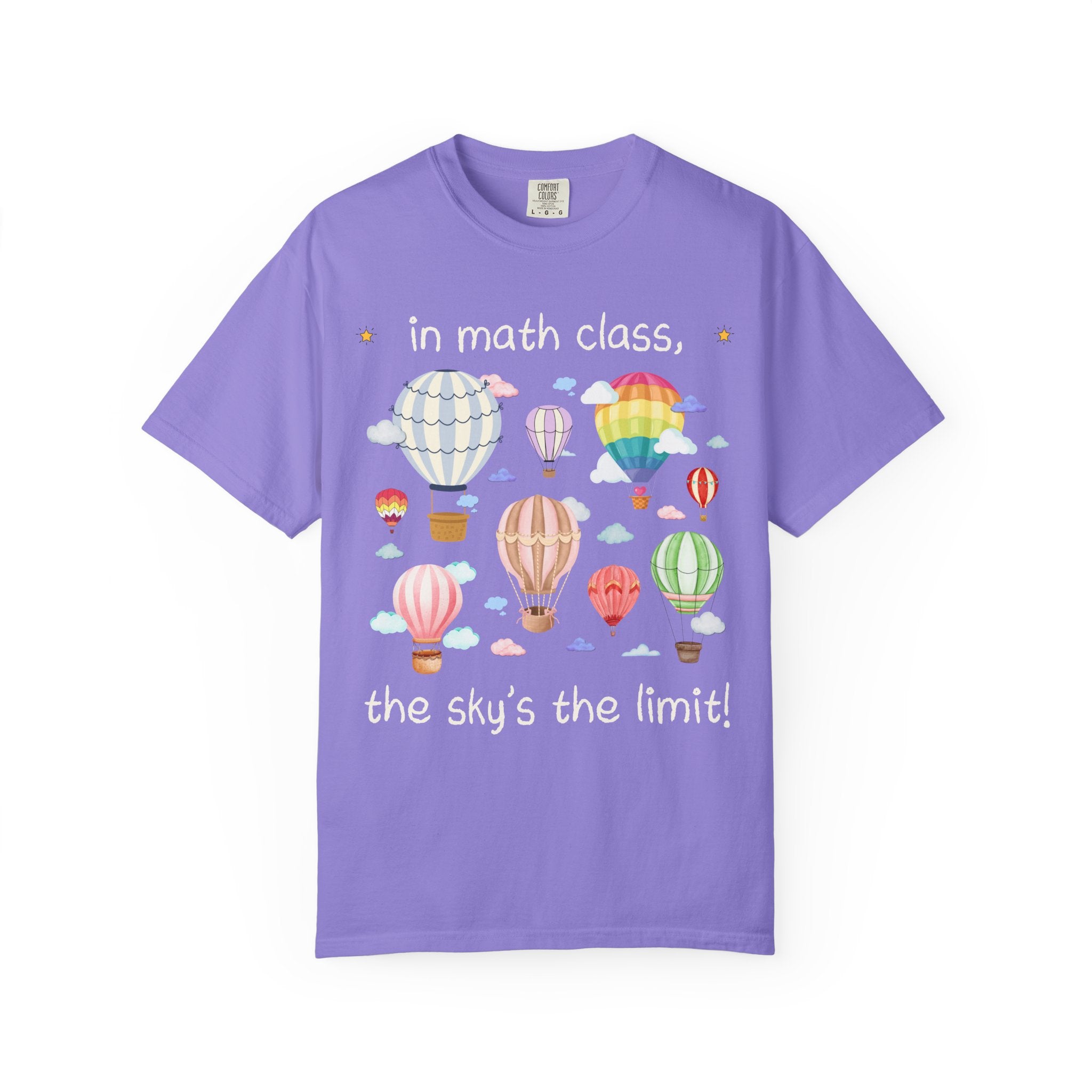 Math Teacher T-Shirt with Cute Retro Hot Air Balloons, Uplifting Colorful Maximalist Back to School Matching Math Department Tee with Clouds