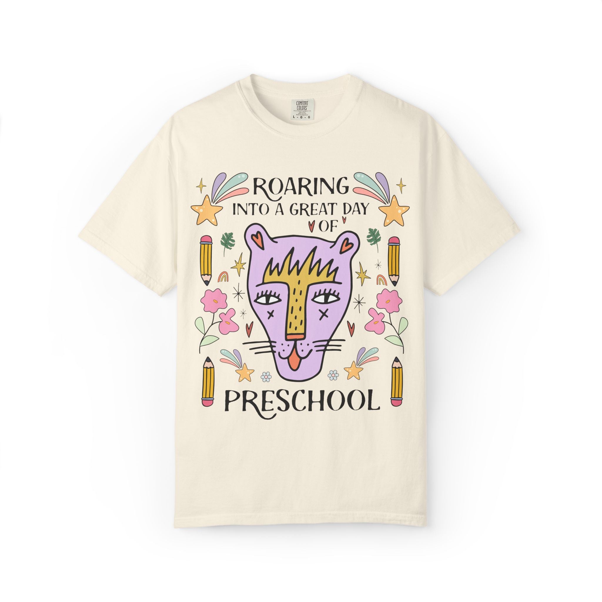 Preschool Teacher Tee Shirt: Roaring Into a Great Day of Preschool | Cute Matching Teacher or School Office Staff Tee with Pencils