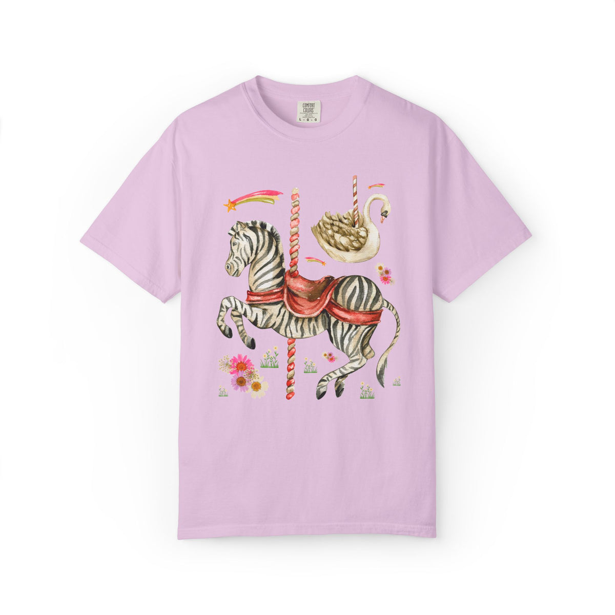 Zebra and Swan Nostalgic Carousal T-Shirt for Animal Lover with Shooting Stars and Flowers