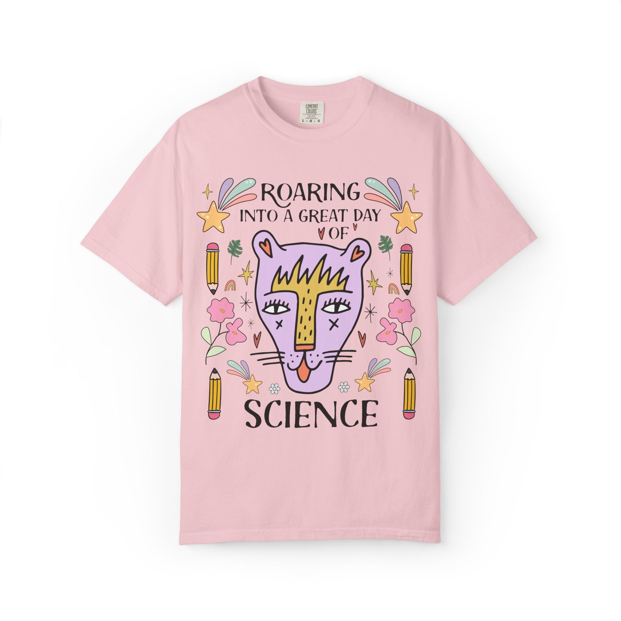 High School Science Teacher Tee: Roaring Into a Great Day of Reading | Cute Matching Teacher or School Office Staff Tee, Pencils and Flowers