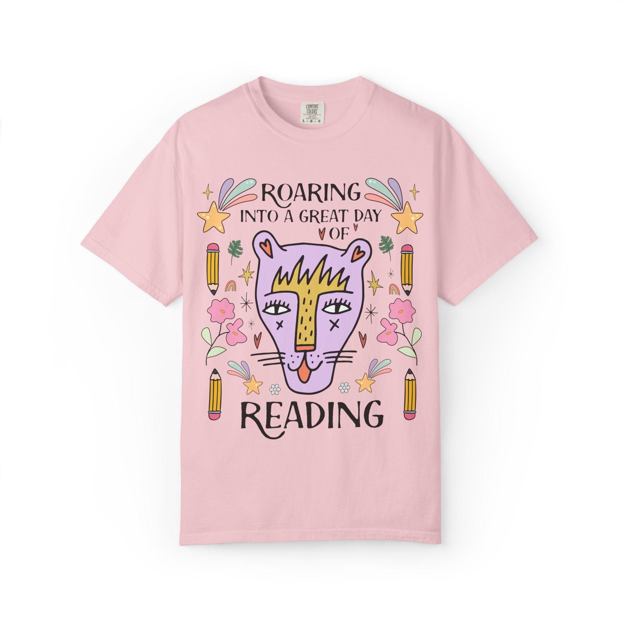 Matching Librarian Tee Shirt: Roaring Into a Great Day of Reading | Cute Matching Teacher or School Office Staff Tee, Pencils and Flowers