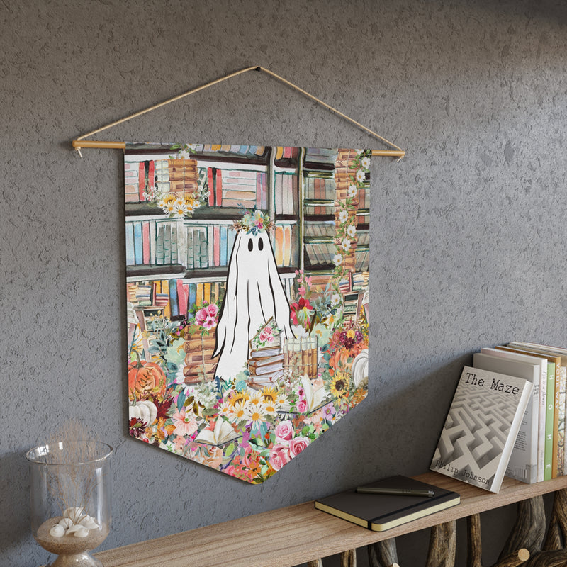 Floral Ghost in Library Wall Decor: Funny Ghost Wall Pennant for Halloween | Spooky and Adorable Whimsigoth Cottagecore Ghost, Floral Books