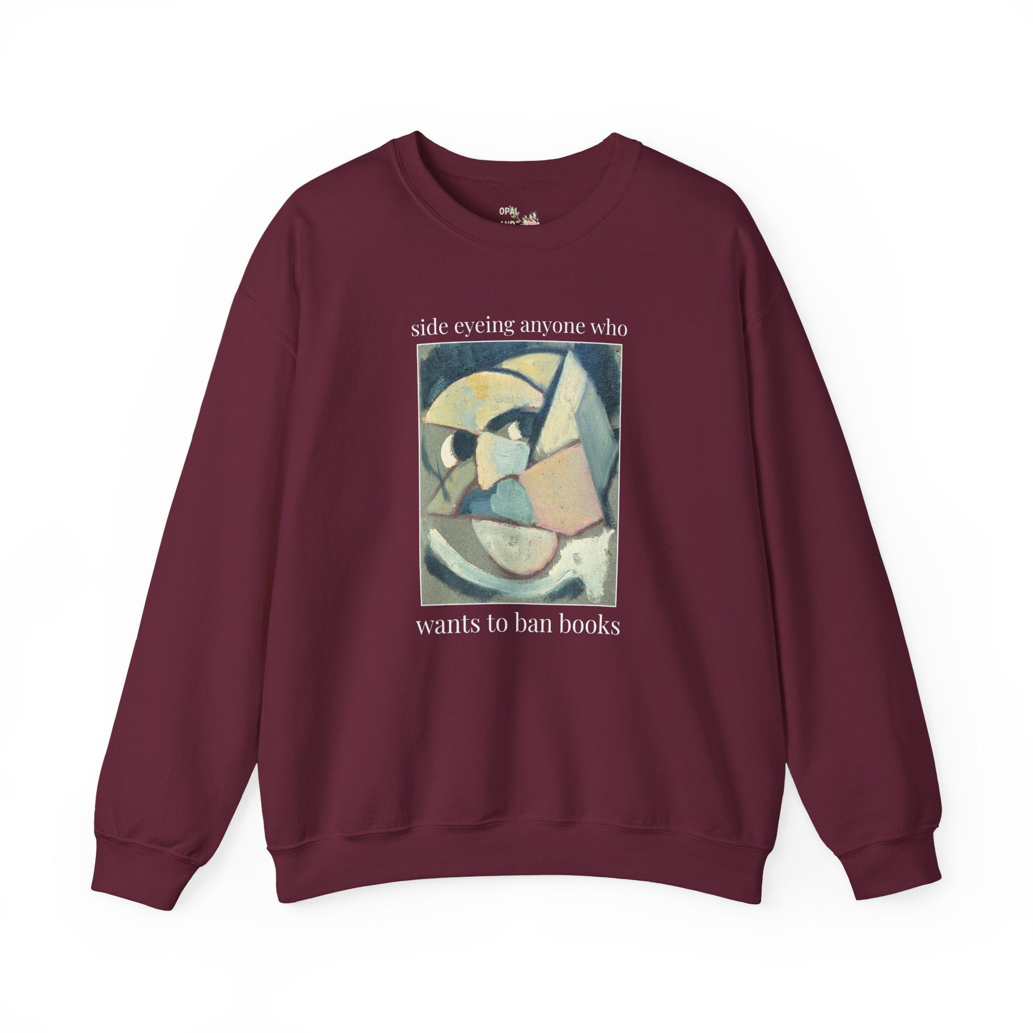 Read Banned Books Art History Lover Sweatshirt, Abstracted Portrait by Theo van Doesburg, Funny Book Lover Crewneck for Librarian or Reader