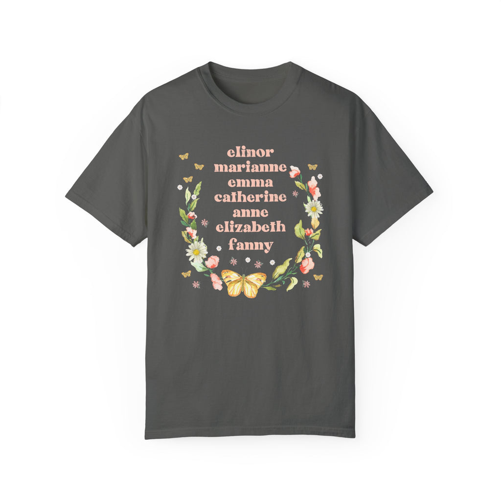 Jane Austen Tee Shirt, Cozy Cottagecore Book Merch in Dark Grey, Iconic Austen Heroines, Bookish Gift for English Literature Major, Emma, Fanny, Anne, Womens History