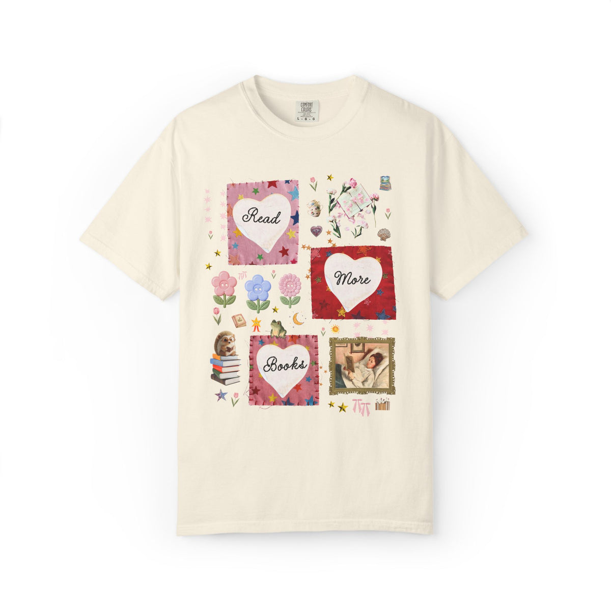 Read More Books Maximalist Collage T-Shirt with Hearts and Flowers, Whimsy Kitschy Soft Girl Style Tee Shirt for Book Lover or Bookworm