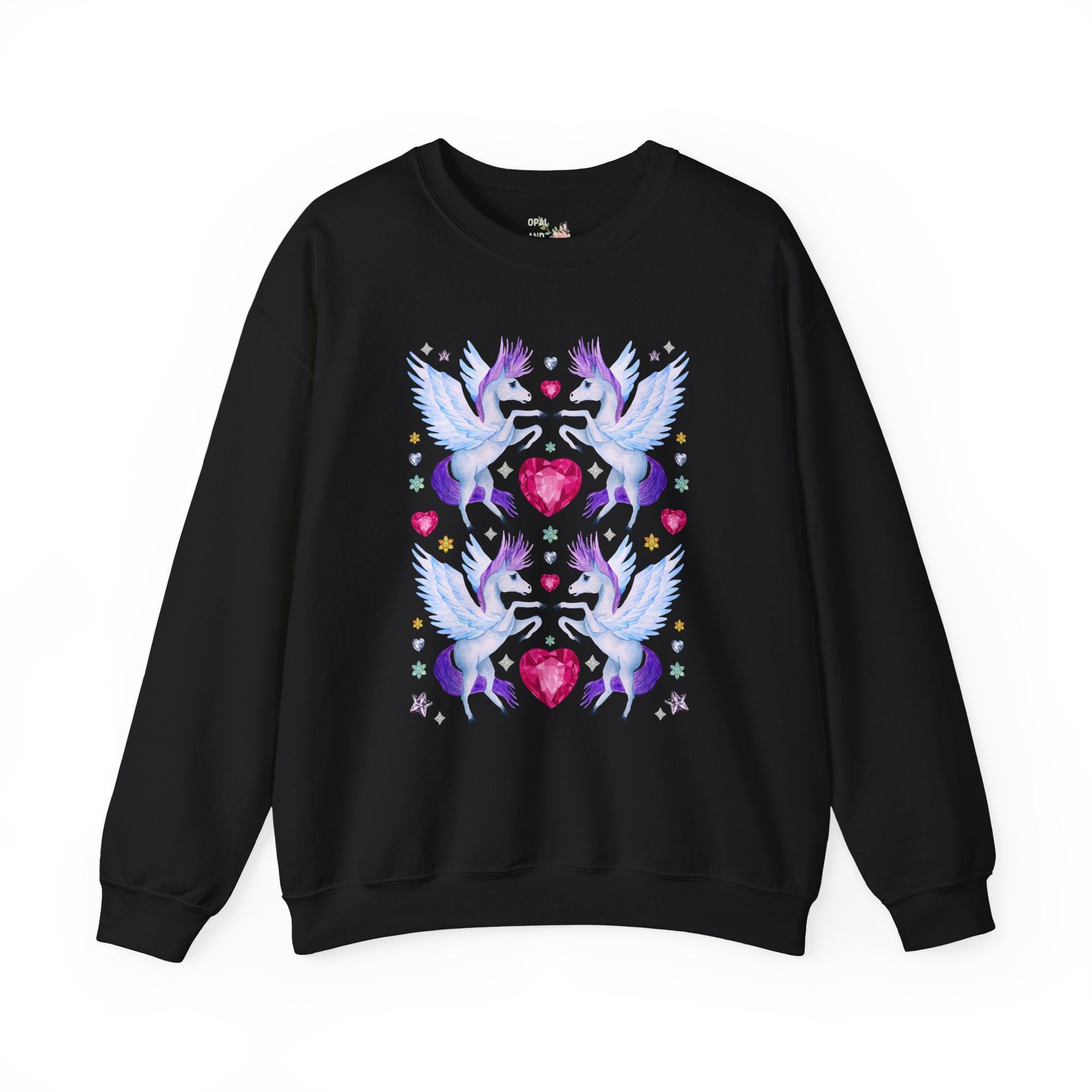 Horse Lover Nostalgic Blue and Purple Pegasus Sweatshirt with Hearts: Cute and Silly Y2K Aesthetic Animal Lover Crewneck for Fantasy Reader Bookworm