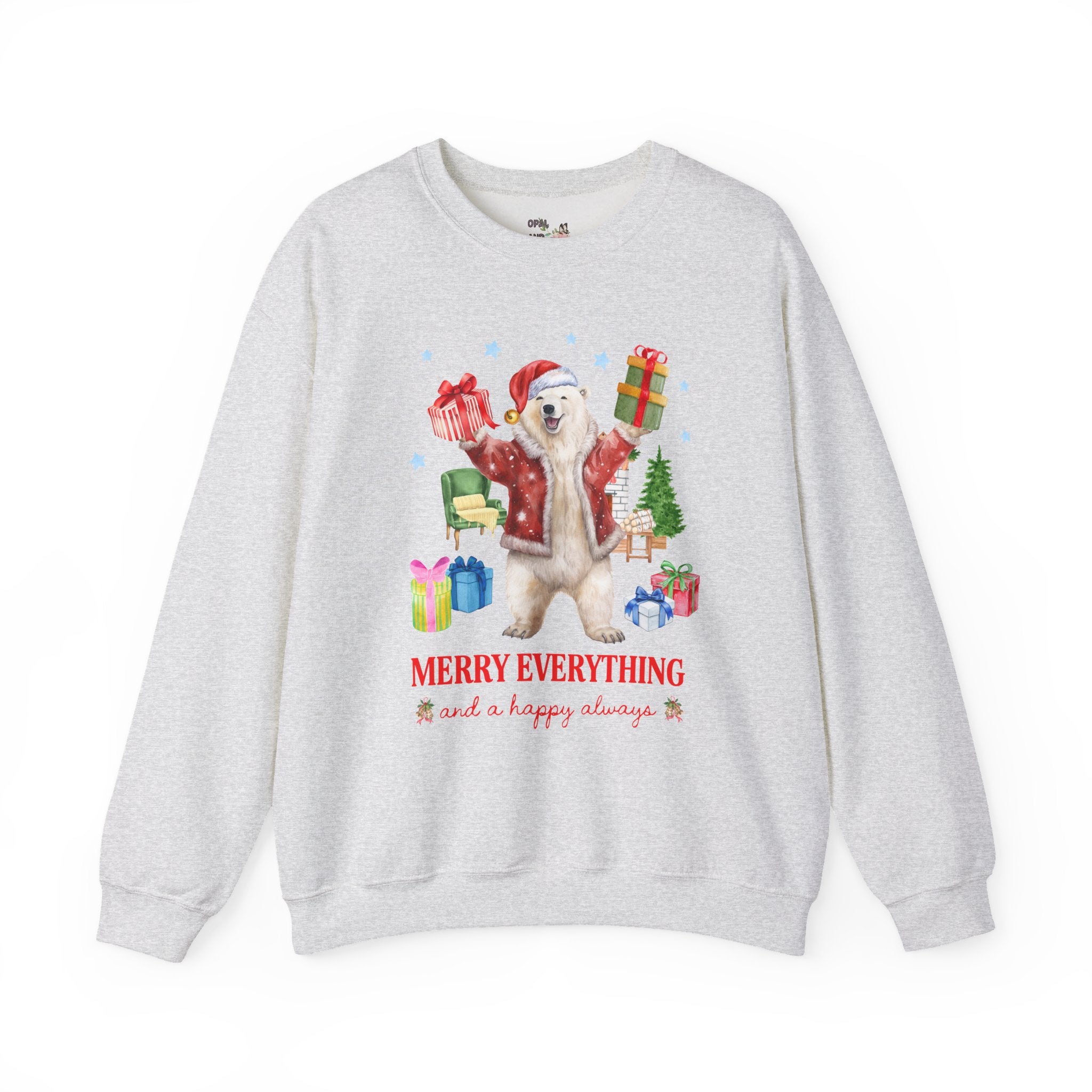 Kitschy Animal Lover Christmas Sweatshirt with Polar Bear Holding Presents: Merry Everything and a Happy Always, Silly Maximalist Xmas Crewneck