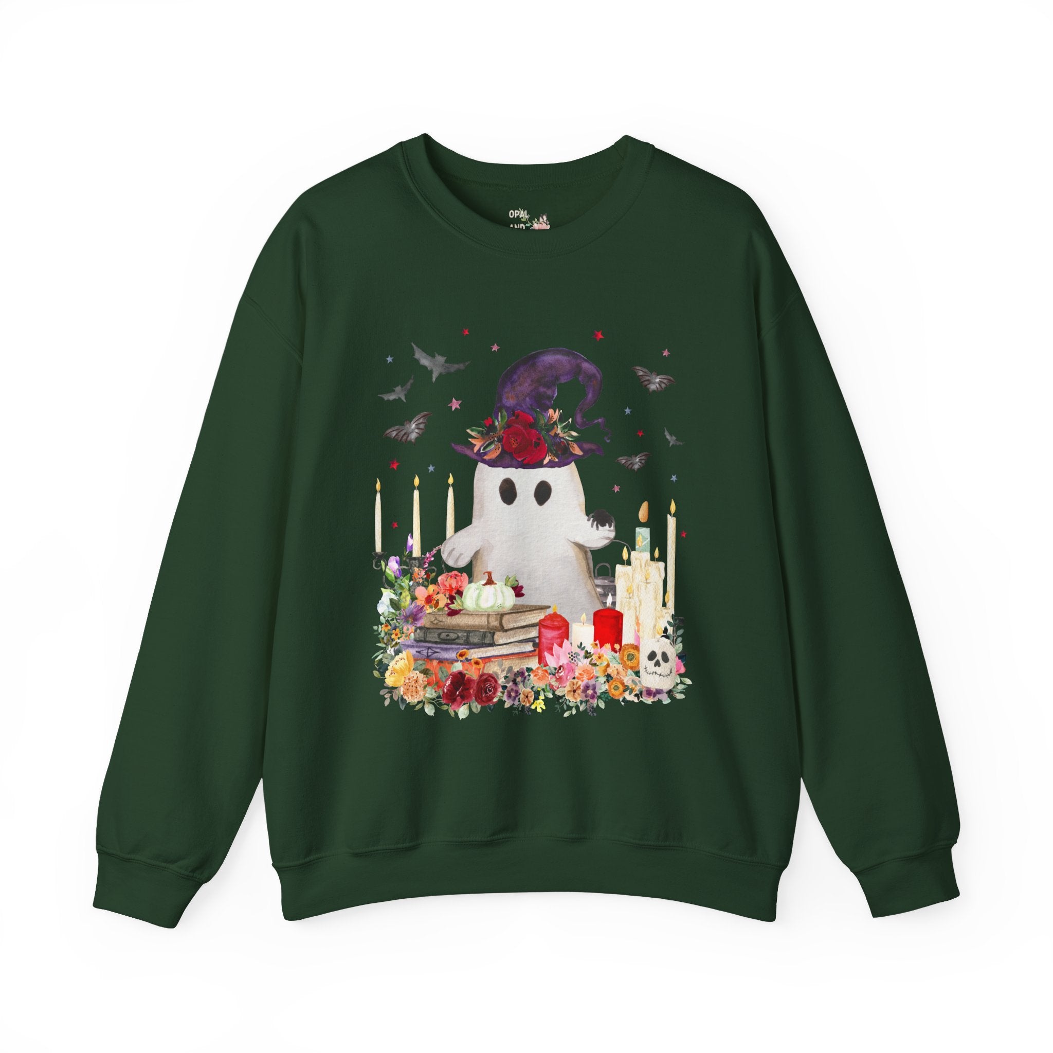Ghost Sweatshirt for Halloween: Ghost with Flowers and Books | Cute Halloween Sweatshirt, Boho Halloween, Spooky Sweatshirt with Bats