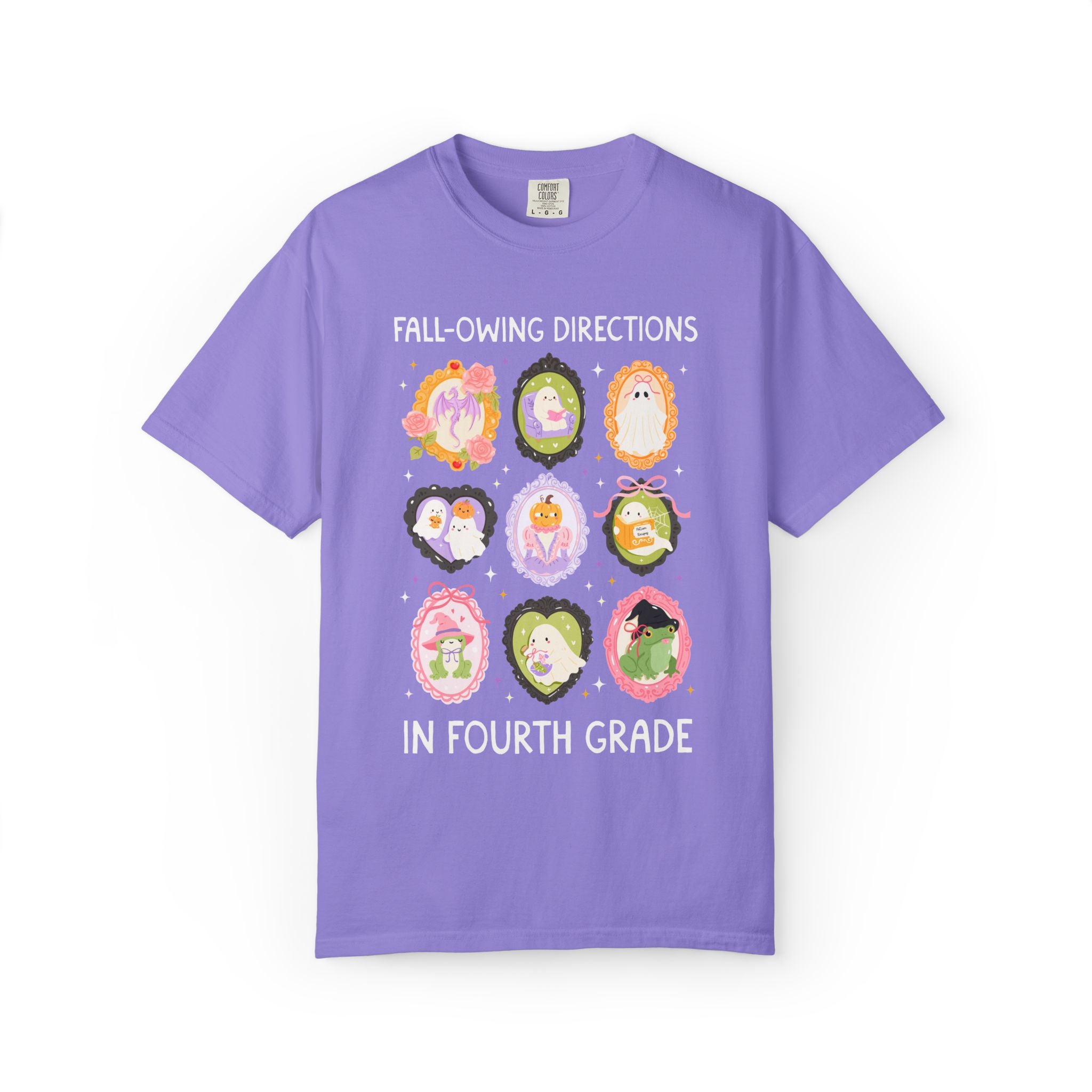 Fourth Grade Halloween Teacher Tee: Fall-Owing Directions Pastel Goth Teacher Team T-Shirt for Fall, Cute Spooky Season Frog Tee with Ghosts