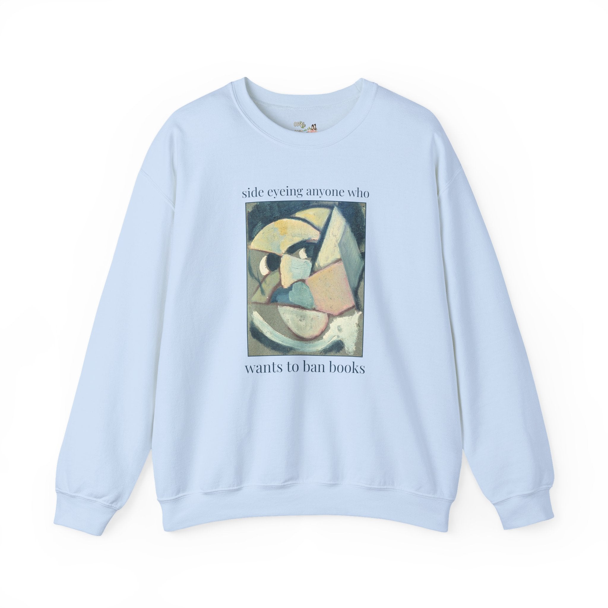 Read Banned Books Art History Lover Sweatshirt, Abstracted Portrait by Theo van Doesburg, Funny Book Lover Crewneck for Librarian or Reader