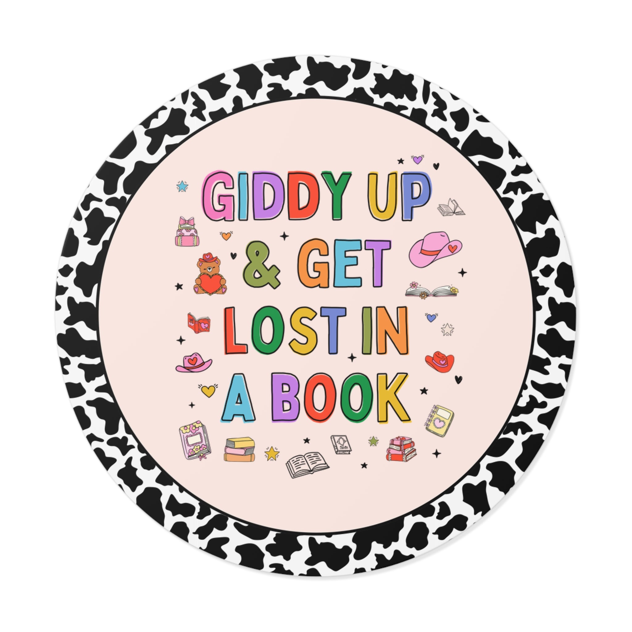 Book Lover Sticker with Adorable Doodles and Groovy Western Vibes: Giddy Up and Get Lost in a Book, Funny Reading Bookish Cow Print Sticker