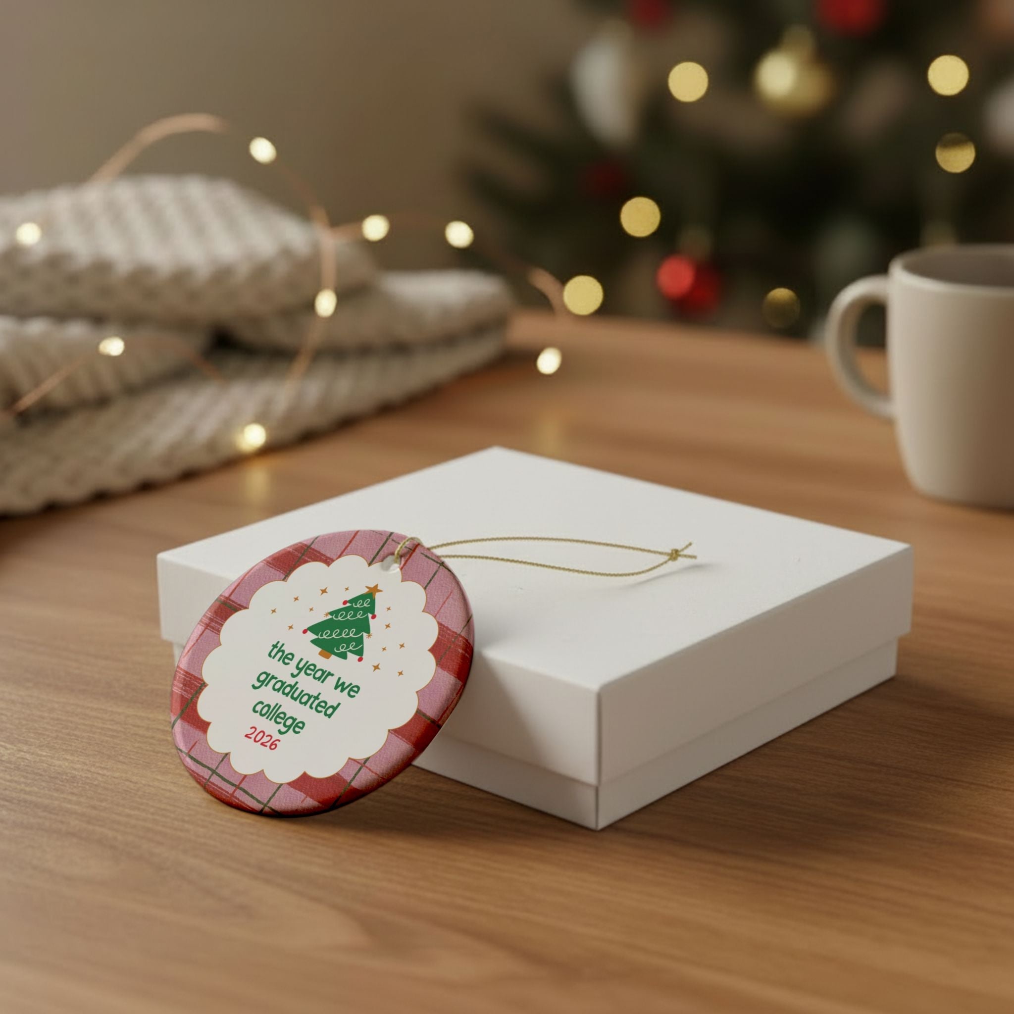 2026: The Year We Graduated College Christmas Ornament with Red and Pink Plaid, Silly College Best Friend or Roommate Gift, Xmas Ornament with Tree - Opal and June