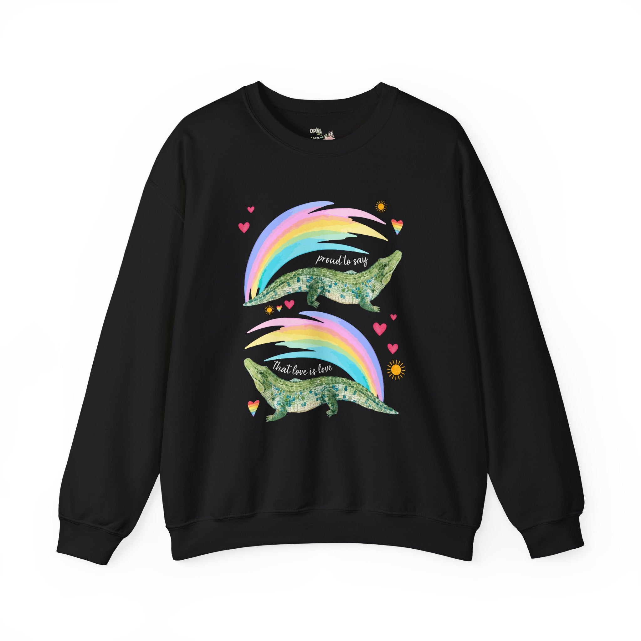 Proud to Say that Love is Love: Colorful Alligator Sweatshirt with Rainbow and Hearts, Gay Rights Nostalgic Animal Lover Crewneck for Pride Month
