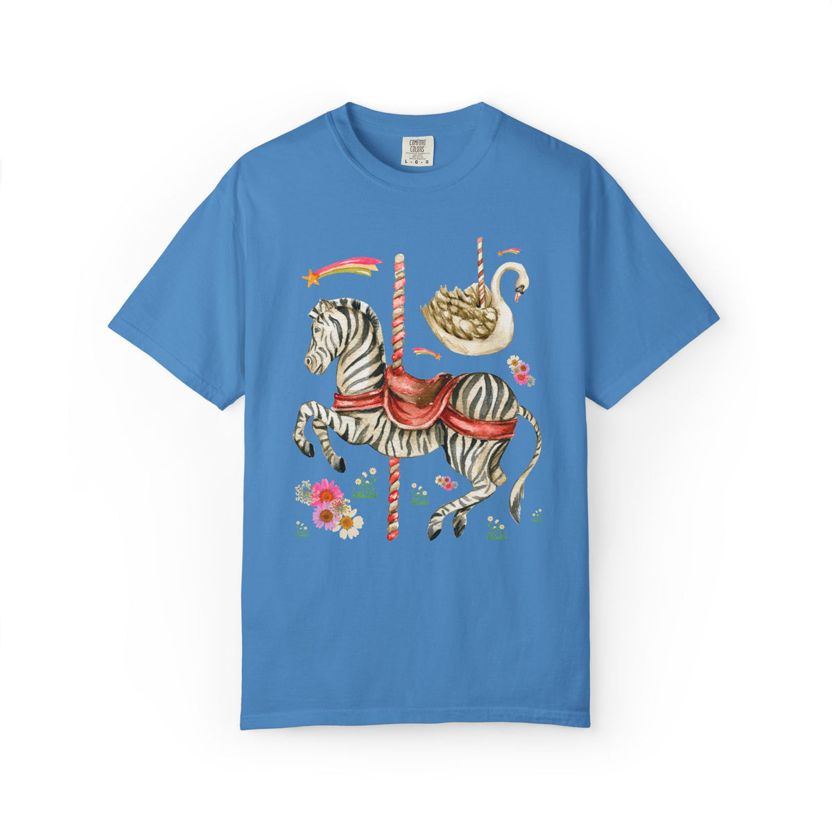 Zebra and Swan Nostalgic Carousal T-Shirt for Animal Lover with Shooting Stars and Flowers