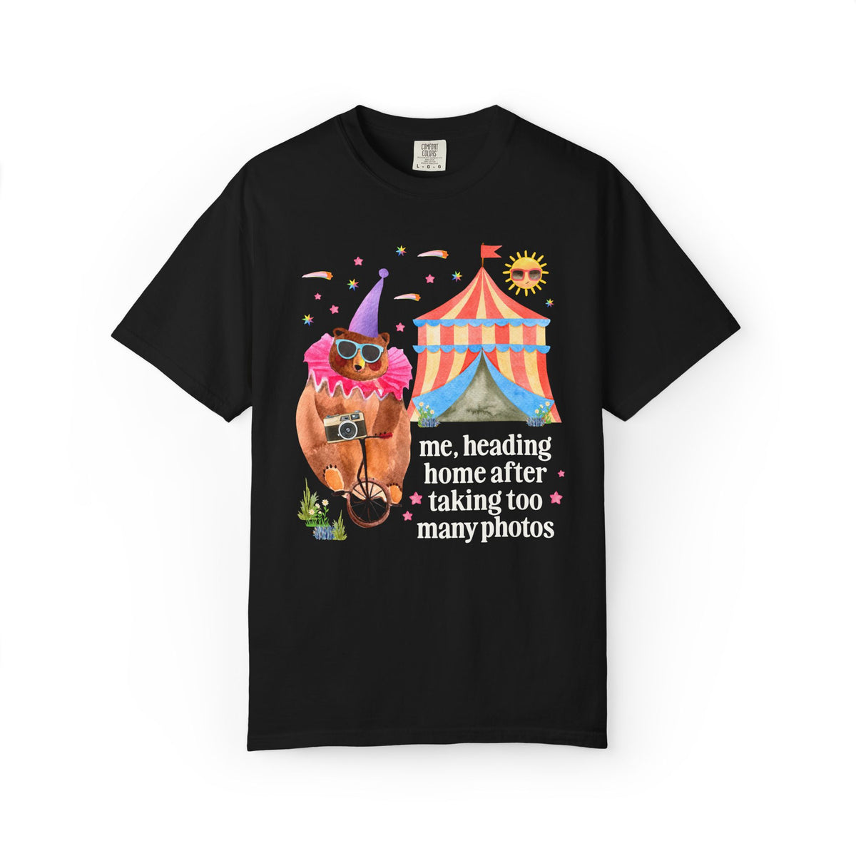 Me, Heading Home After Taking Too Many Photos: Funny Dreamcore Circus Bear Tee Shirt with Animal Holding a Camera, Photographer Gift