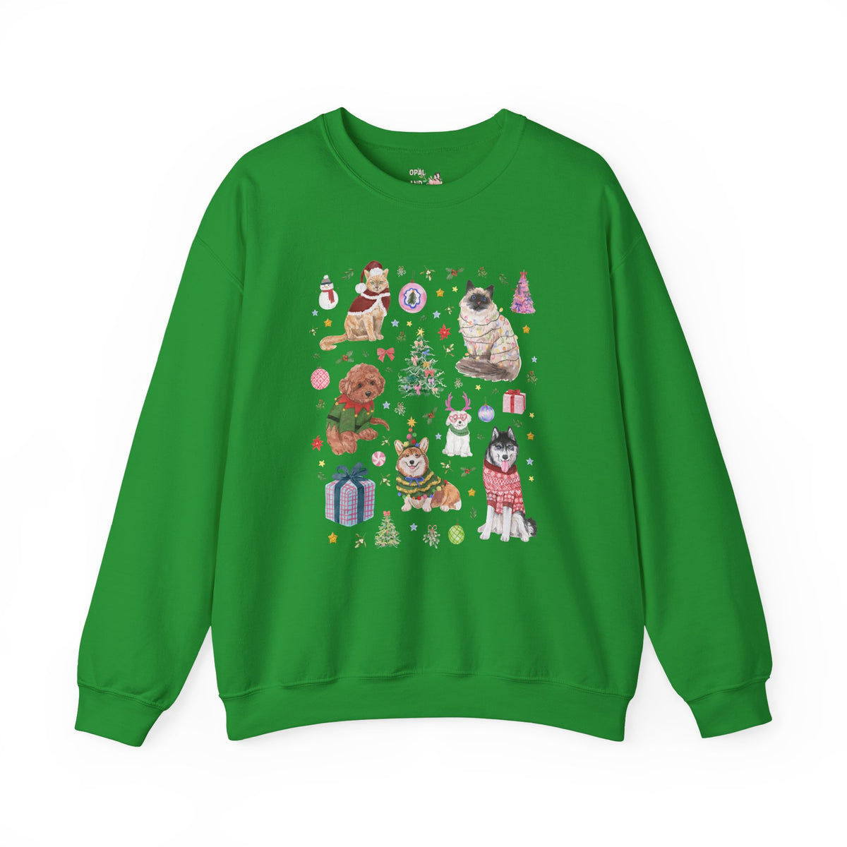 Maximalist Christmas Sweatshirt for Animal Lover with Kittens and Cats and Dogs, Funny Nostalgic Xmas Holiday Crewneck, Cute Kitschy Vibe
