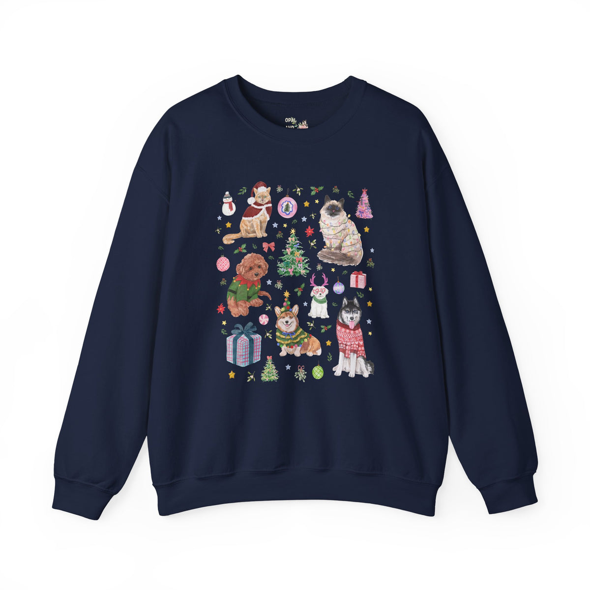 Maximalist Christmas Sweatshirt for Animal Lover with Kittens and Cats and Dogs, Funny Nostalgic Xmas Holiday Crewneck, Cute Kitschy Vibe
