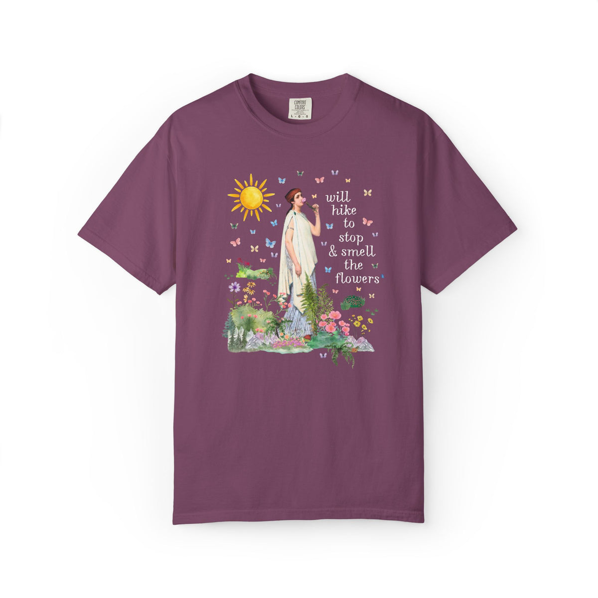 Hiking Art History Tee Shirt: Will Hike to Stop and Smell the Flowers, Funny Goblincore Hikinng Lover T-Shirt for Nature Lover or Gardener