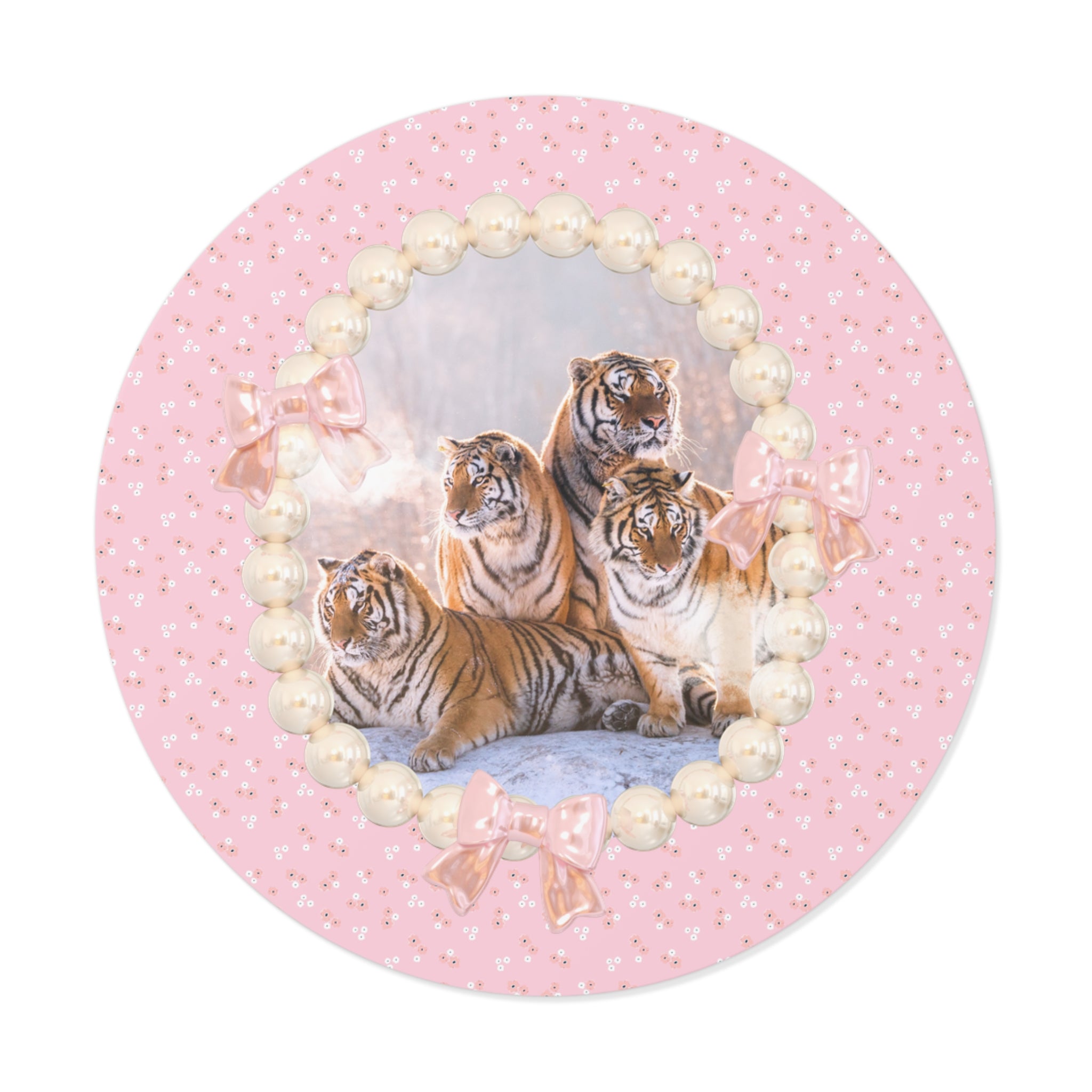 Funny Tigers in Snow Sticker with Pink Flowers in Pearl Frame: Silly Maximalist Tiger Sticker for Animal Lover, Friend Who Loves Tigers