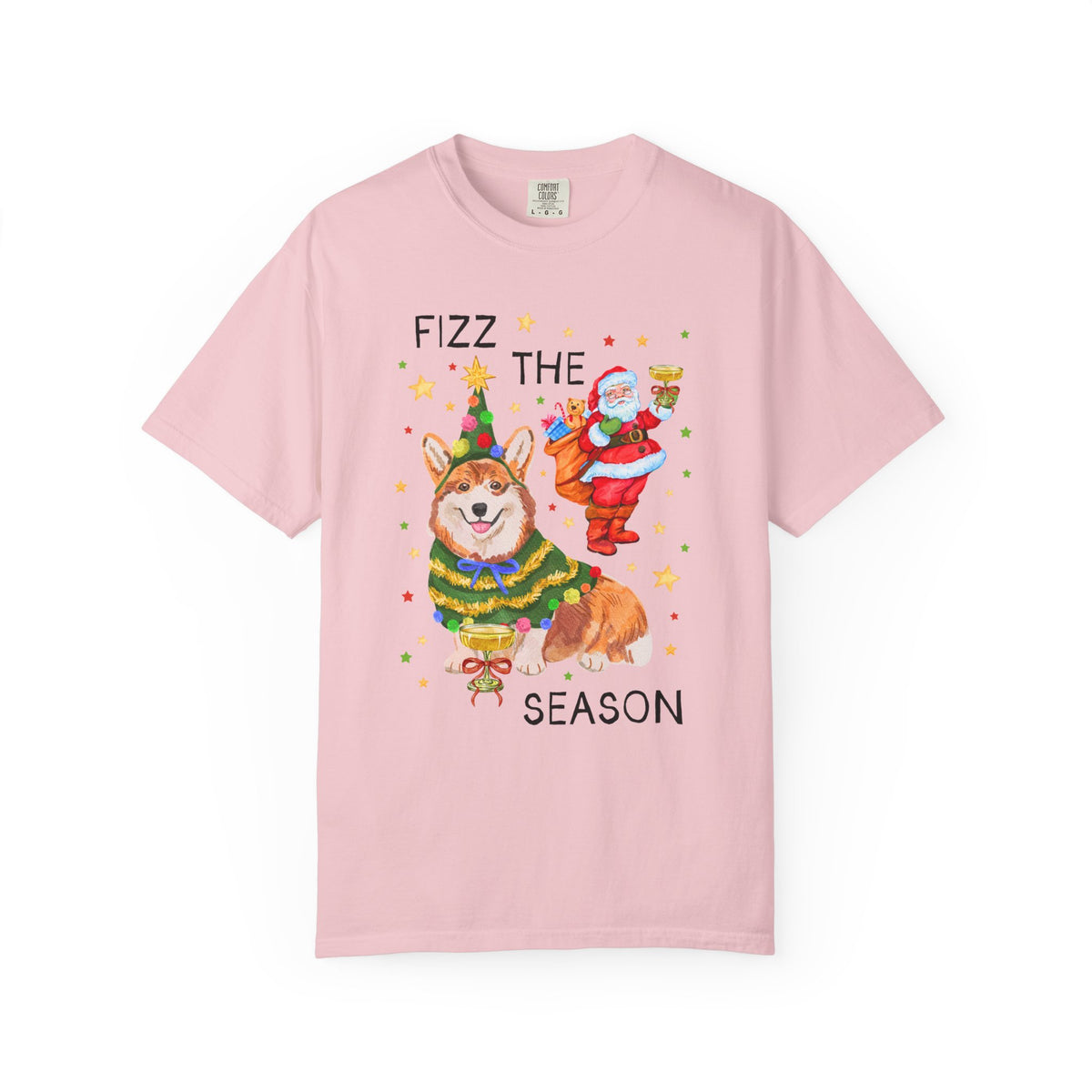 Fizz the Season: Funny Santa and Corgi Christmas T-Shirt with Stars, Cute Holiday Drinking Tee Shirt for Friend Group or Family