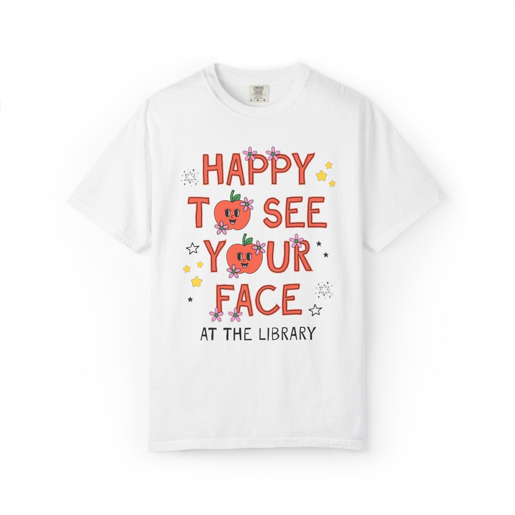 School Library Team Tee Shirt: Happy to See Your Face | Cute Back to School T-Shirt with Retro Apples and Flowers, First Day of School