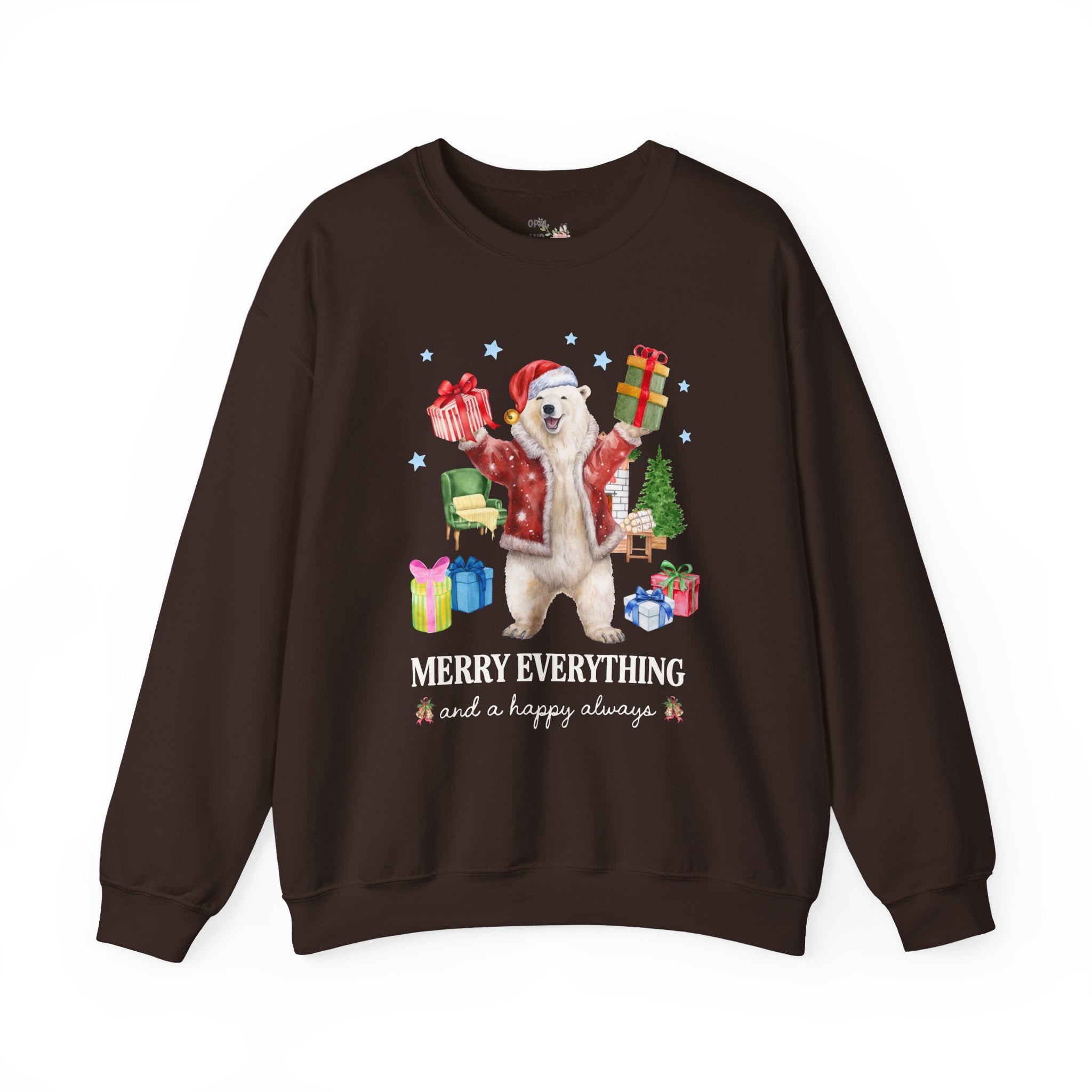 Kitschy Animal Lover Christmas Sweatshirt with Polar Bear Holding Presents: Merry Everything and a Happy Always, Silly Maximalist Xmas Crewneck