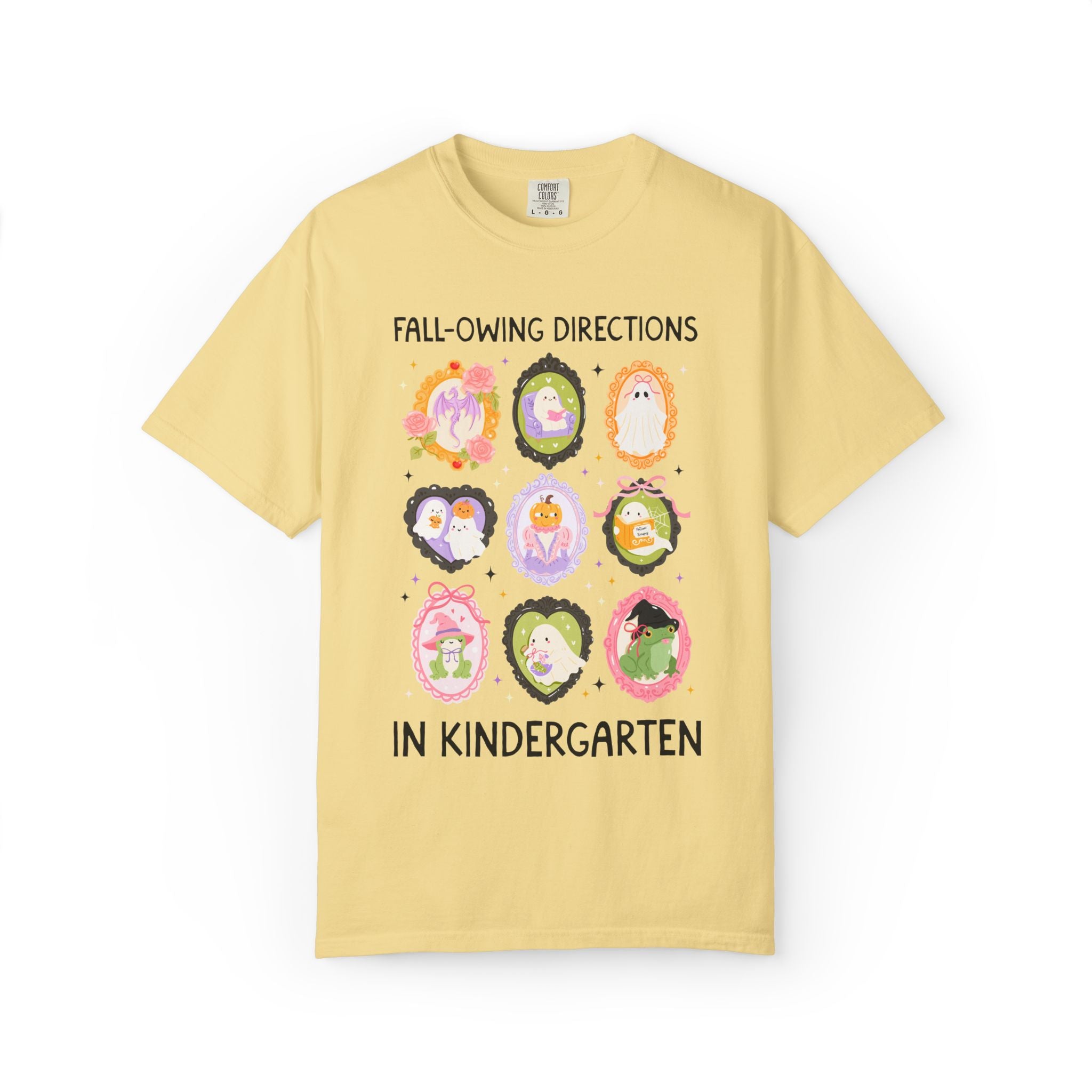 Kindergarten Halloween Teacher Tee: Fall-Owing Directions Pastel Goth Teacher Team T-Shirt for Fall, Cute Spooky Season Frog Tee with Ghosts