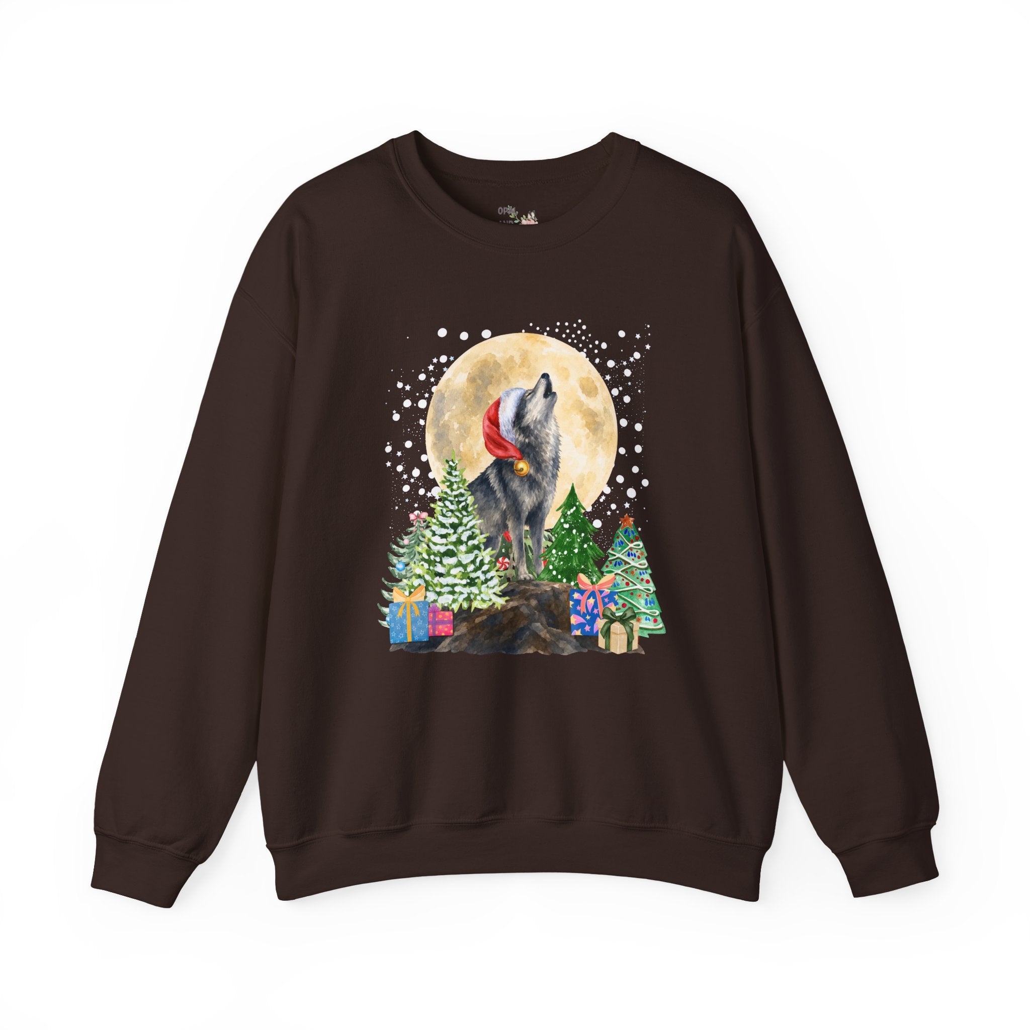 Kitschy Wolf Christmas Sweatshirt for Animal Lover, Maximalist Funny Wolf Sweatshirt of a Wolf Wearing a Santa Hat, Silly Goblincore Holiday Xmas Crewneck