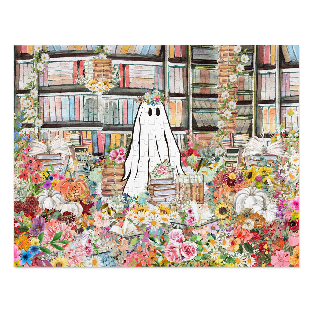 Halloween Ghost Puzzle in Library: Adorable Floral Ghost Surrounded by Books and Flowers | Fall Puzzle, Difficult Spooky Puzzle For Adults