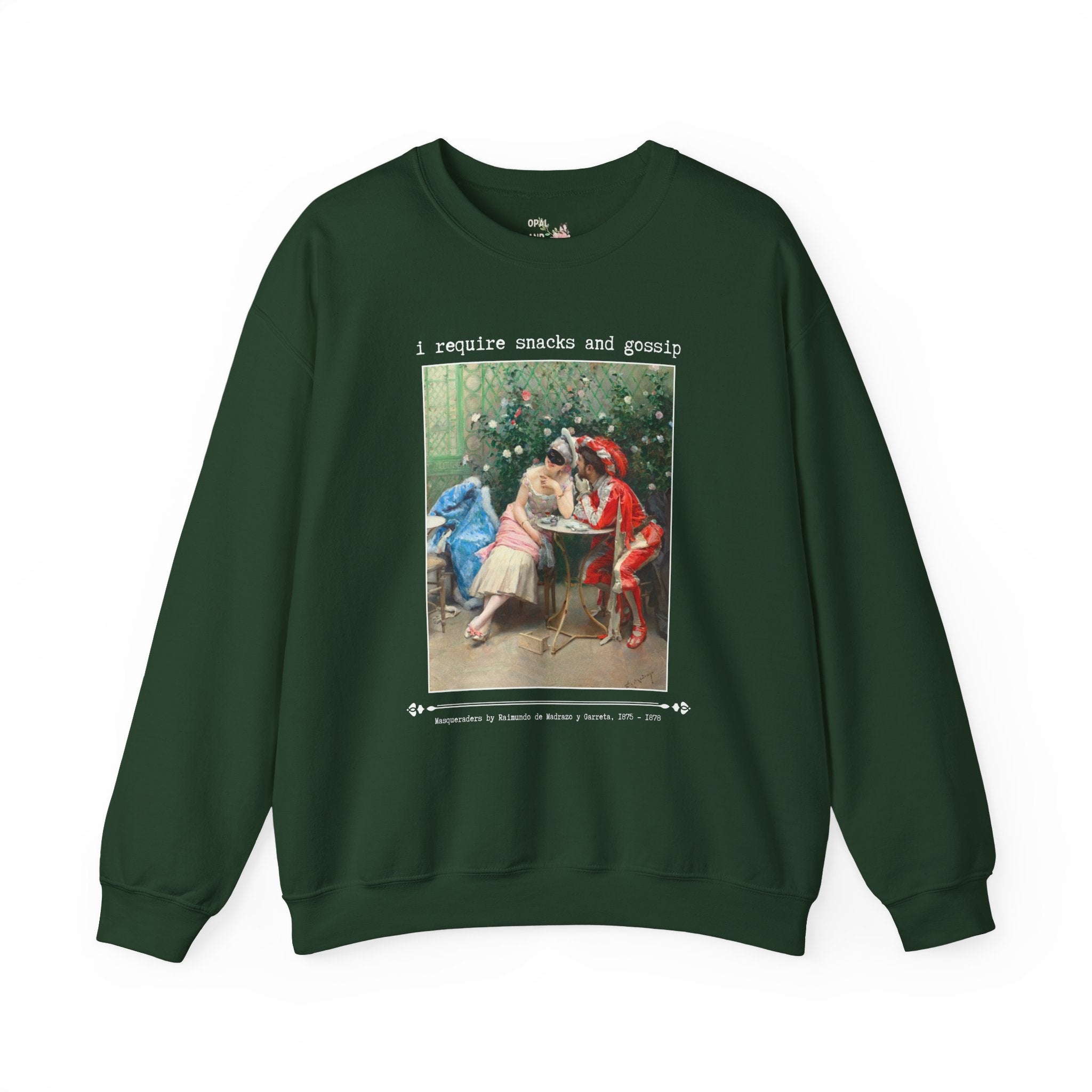 Funny Art History Sweatshirt for Friend Who Loves Snacks and Rococo Art: I Require Snacks and Gossip, Silly Vintage Aesthetic Crewneck with Flowers