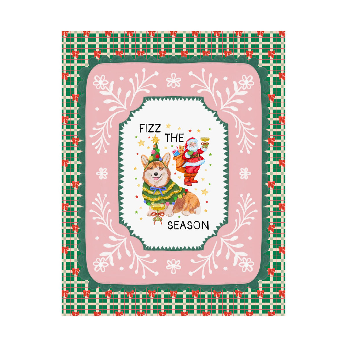 Fizz the Season: Funny Santa and Corgi Christmas Poster Print with Stars, Cute Holiday Drinking Wall Decor for Friend Group or Family