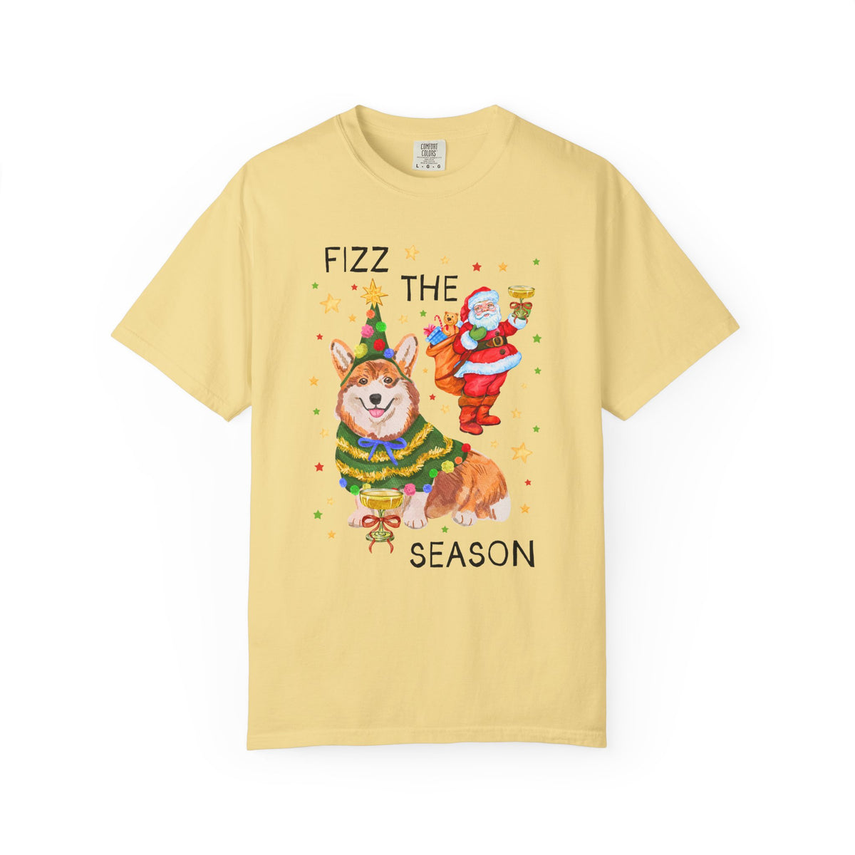 Fizz the Season: Funny Santa and Corgi Christmas T-Shirt with Stars, Cute Holiday Drinking Tee Shirt for Friend Group or Family