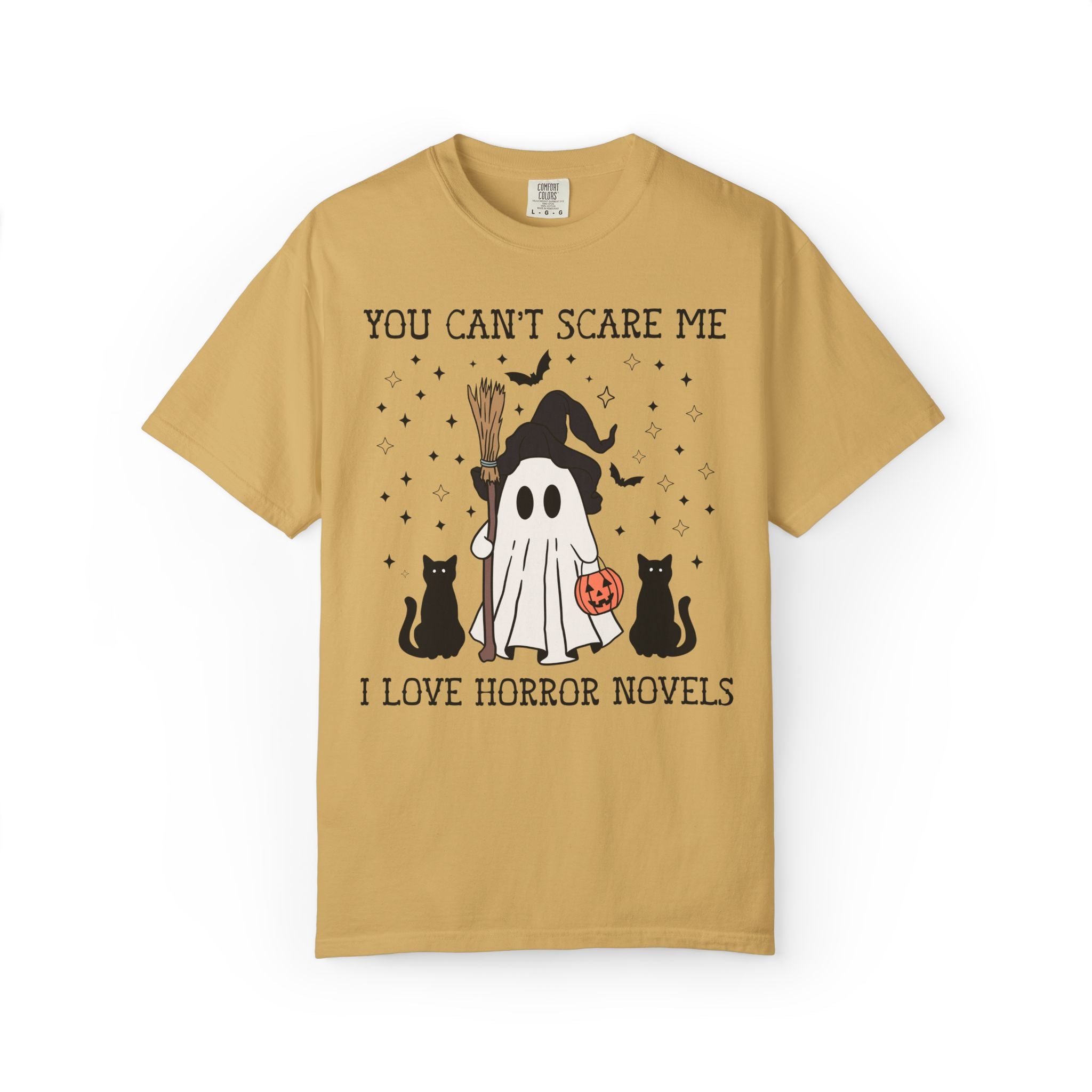 Bookish Halloween Horror Novel Reader Tee Shirt with Ghost and Black Cats: You Can't Scare Me, I Love Horror Novels, Funny Spooky Season Tee