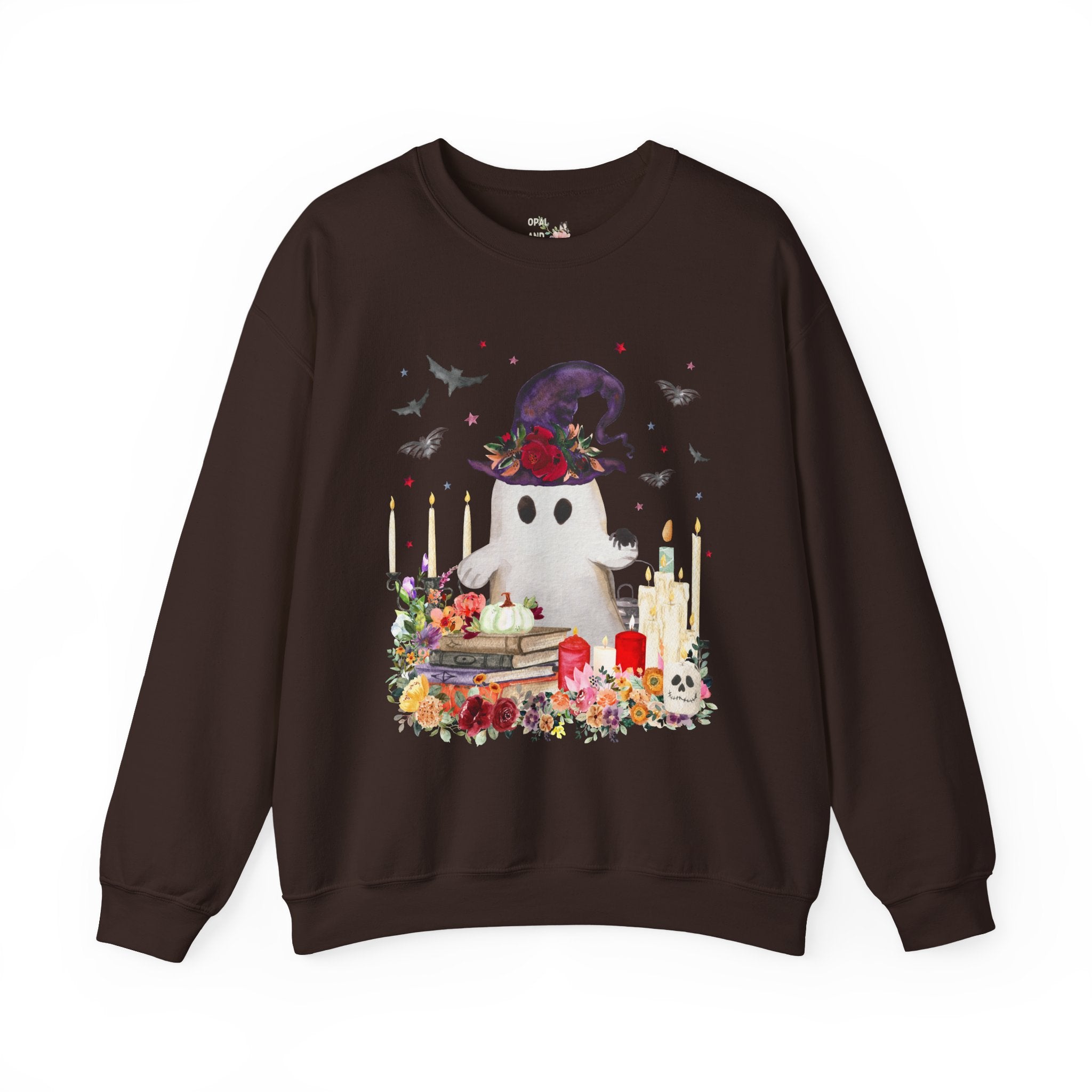 Ghost Sweatshirt for Halloween: Ghost with Flowers and Books | Cute Halloween Sweatshirt, Boho Halloween, Spooky Sweatshirt with Bats