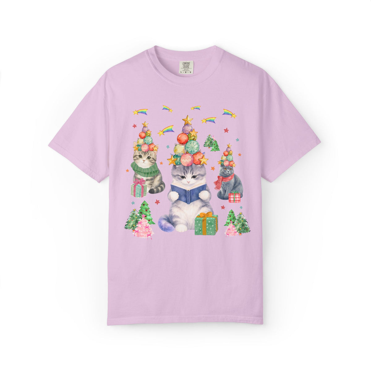 Bookish Cat Christmas Tee Shirt with Shooting Rainbow Stars, Funny Dreamcore Kitten 90s Aesthetic T-Shirt for Cat Mom or Cat Dad, Animal Lover Tee