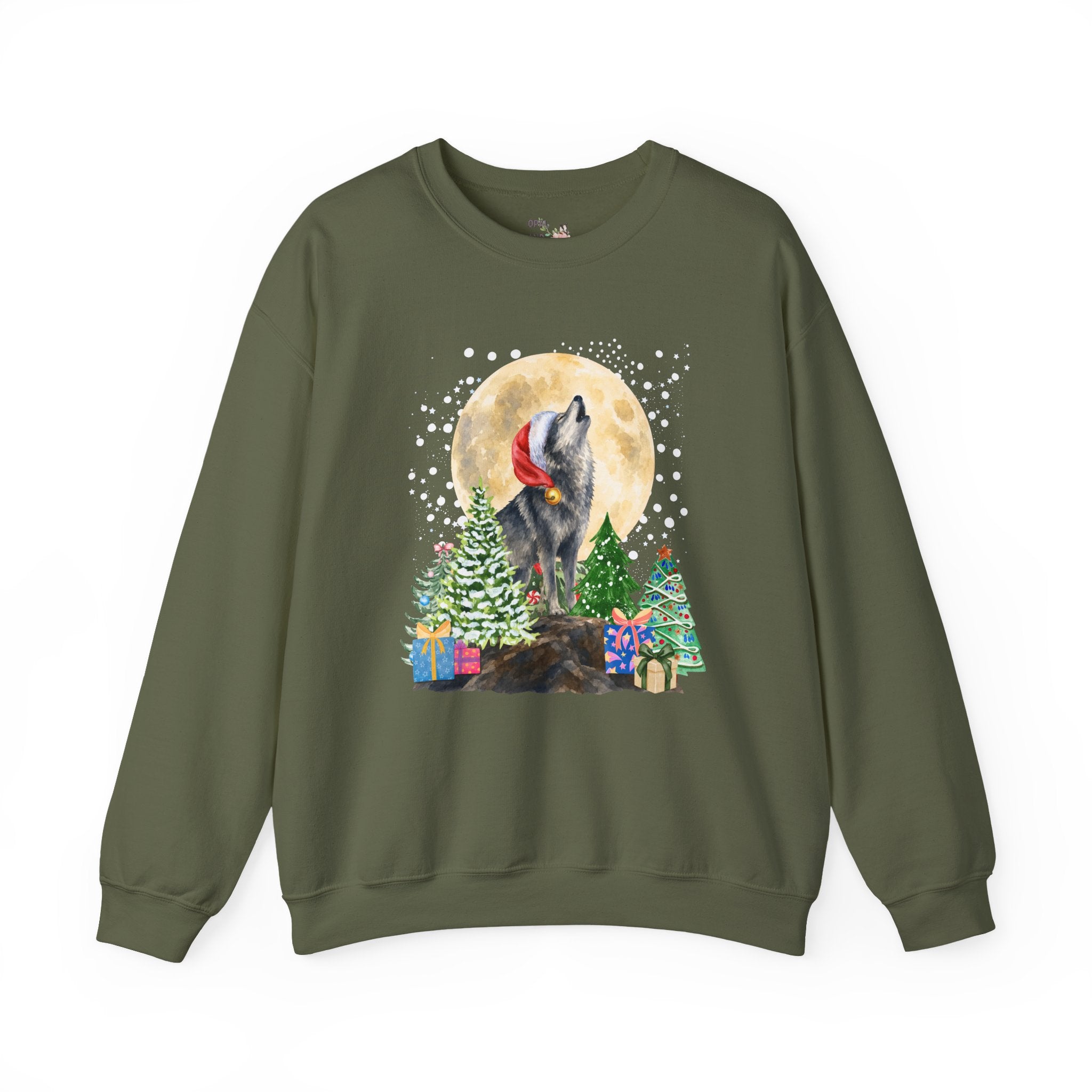 Kitschy Wolf Christmas Sweatshirt for Animal Lover, Maximalist Funny Wolf Sweatshirt of a Wolf Wearing a Santa Hat, Silly Goblincore Holiday Xmas Crewneck