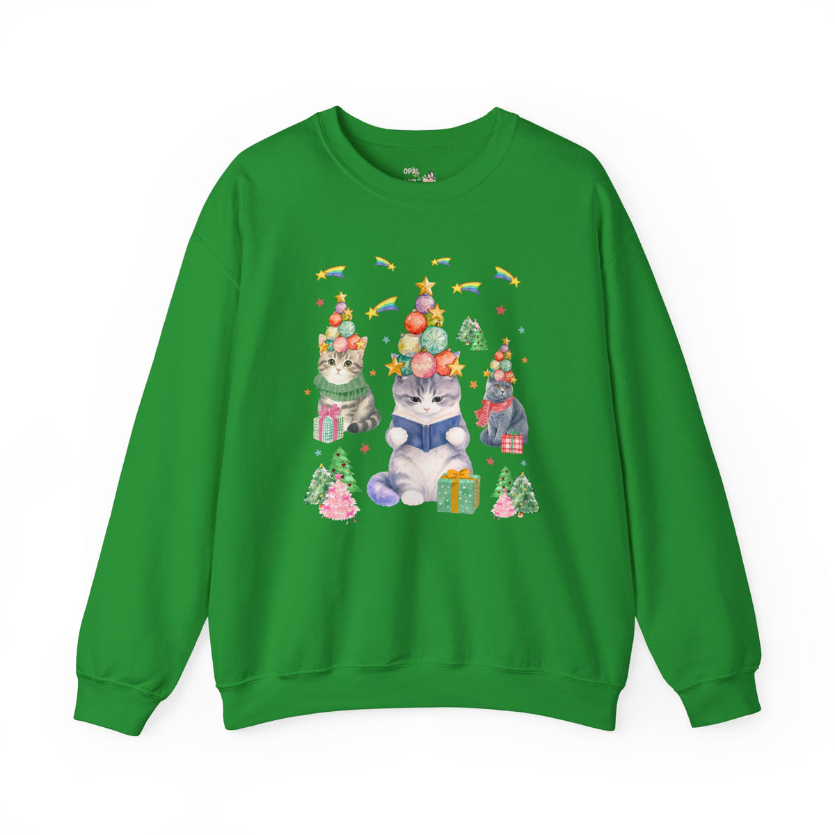 Bookish Cat Christmas Sweatshirt with Shooting Rainbow Stars, Funny Dreamcore Kitten 90s Aesthetic Crewneck for Cat Mom or Cat Dad, Animal Lover Shirt