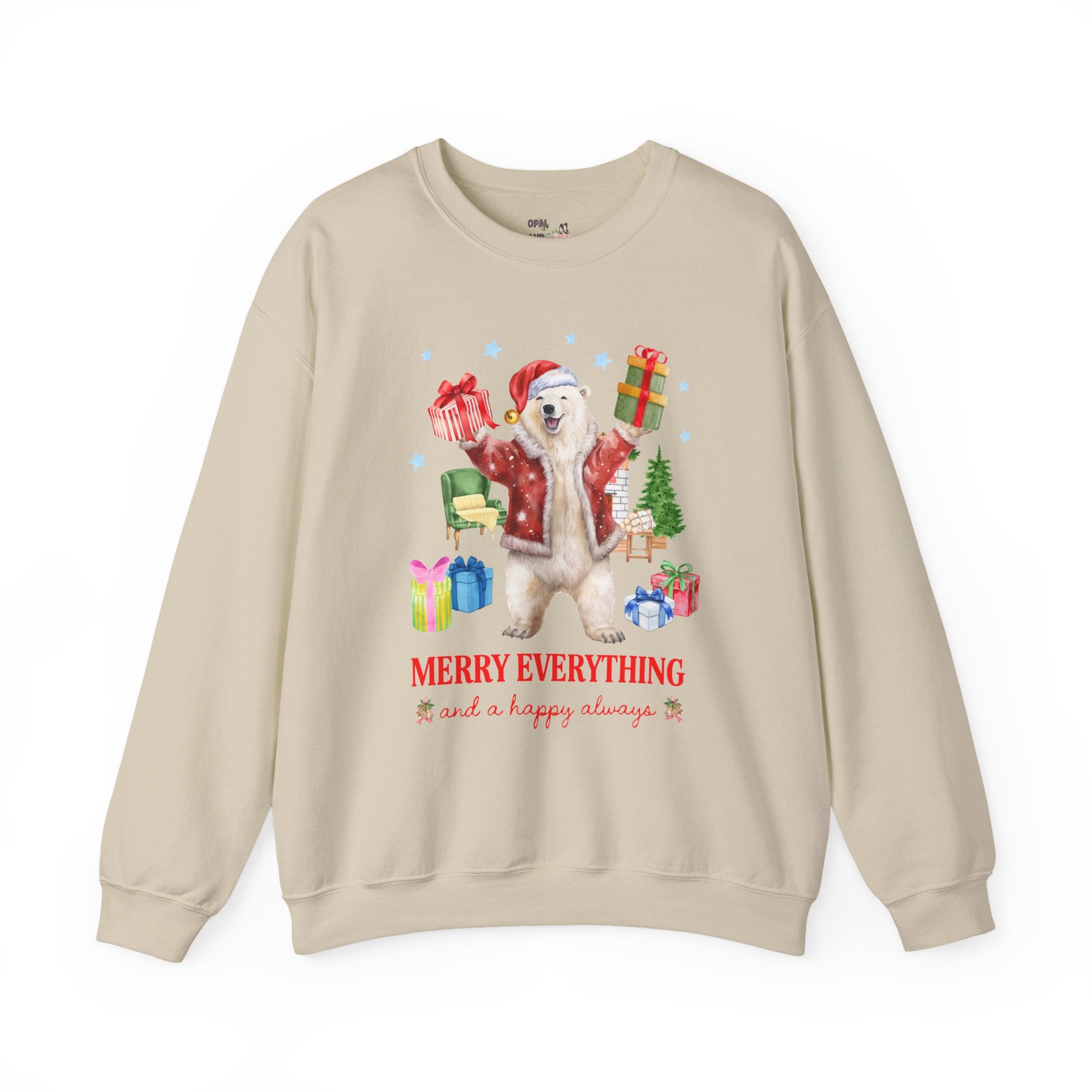 Kitschy Animal Lover Christmas Sweatshirt with Polar Bear Holding Presents: Merry Everything and a Happy Always, Silly Maximalist Xmas Crewneck