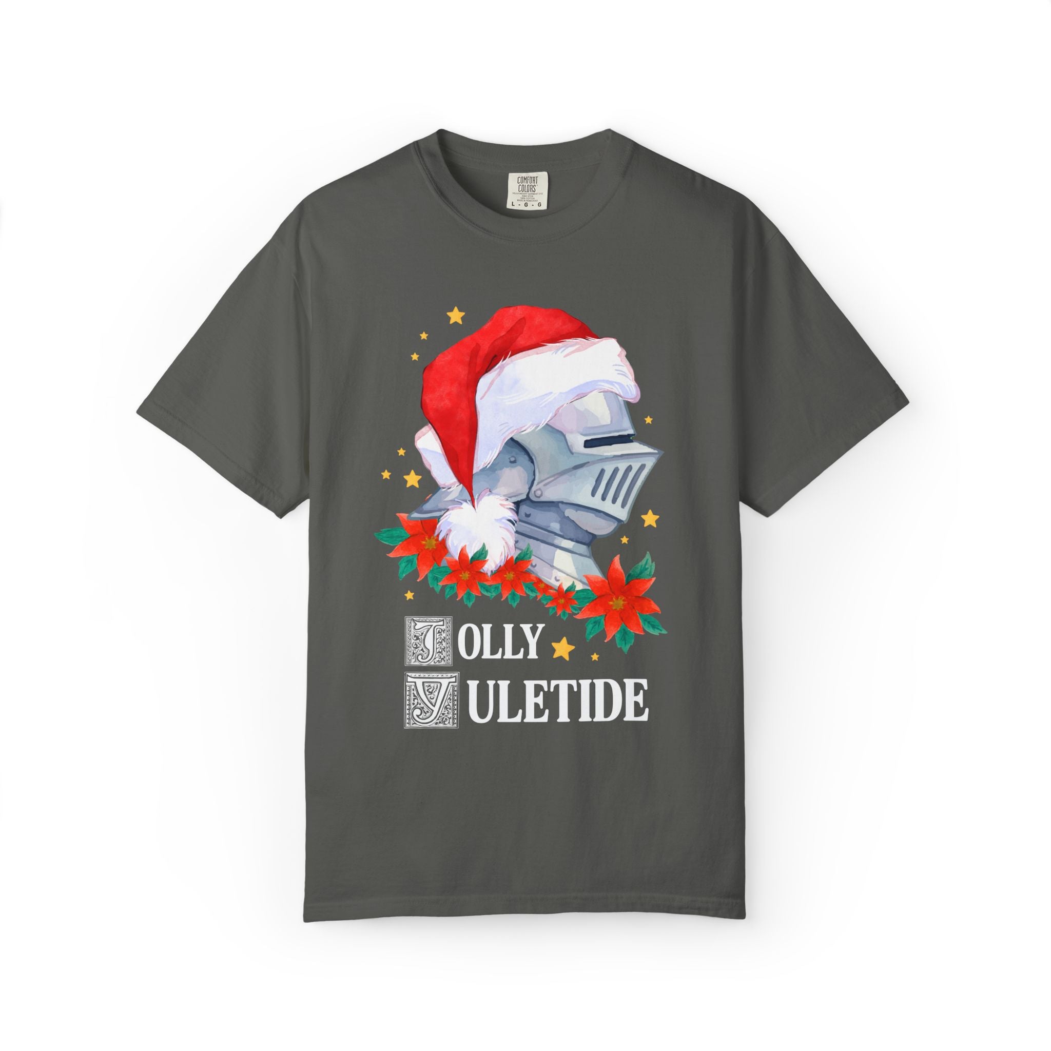 Medieval Christmas Tee Shirt with Knight Wearing a Santa Hat: Jolly Yuletide Silly History Lover T-Shirt, Funny Middle Ages Holiday T-Shirt