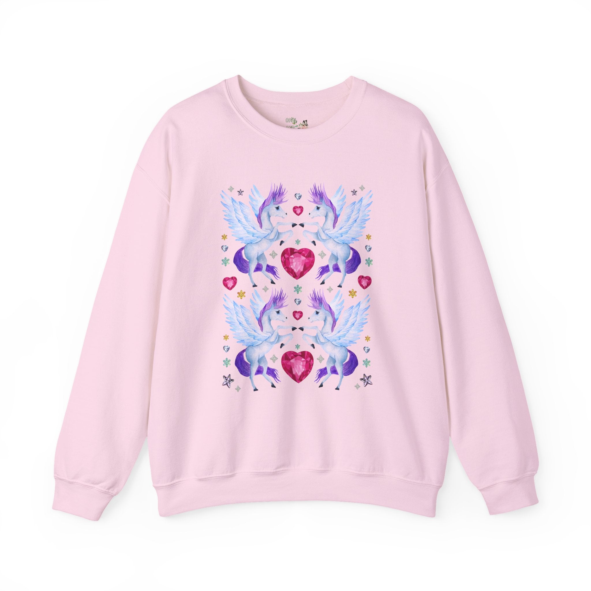 Horse Lover Nostalgic Blue and Purple Pegasus Sweatshirt with Hearts: Cute and Silly Y2K Aesthetic Animal Lover Crewneck for Fantasy Reader Bookworm